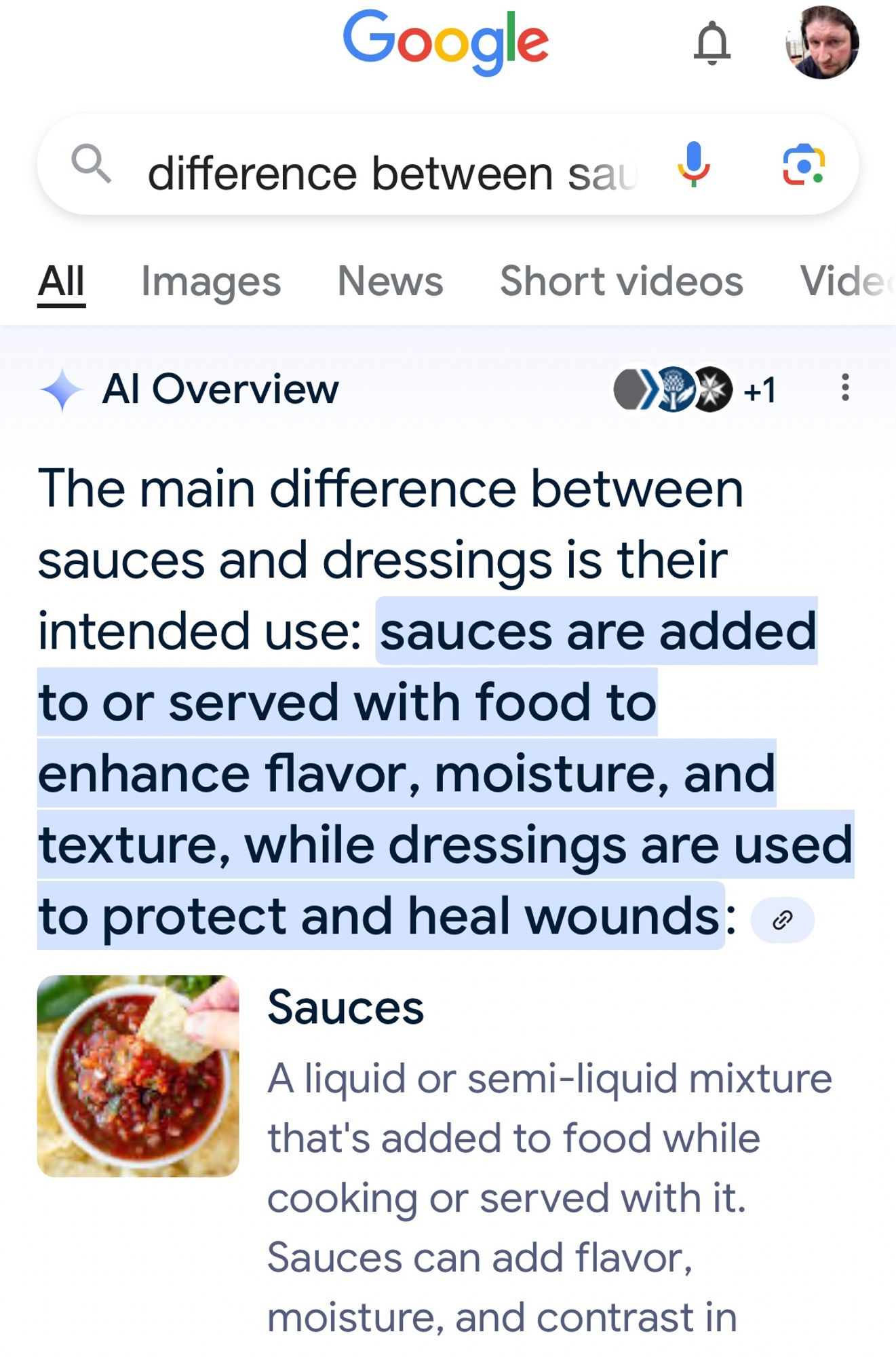 Google AI result for “difference between sauces and dressings” 

The main difference between

sauces and dressings is their

intended use: sauces are added

to or served with food to

enhance flavor, moisture, and

texture, while dressings are used

to protect and heal wounds: •
Google
