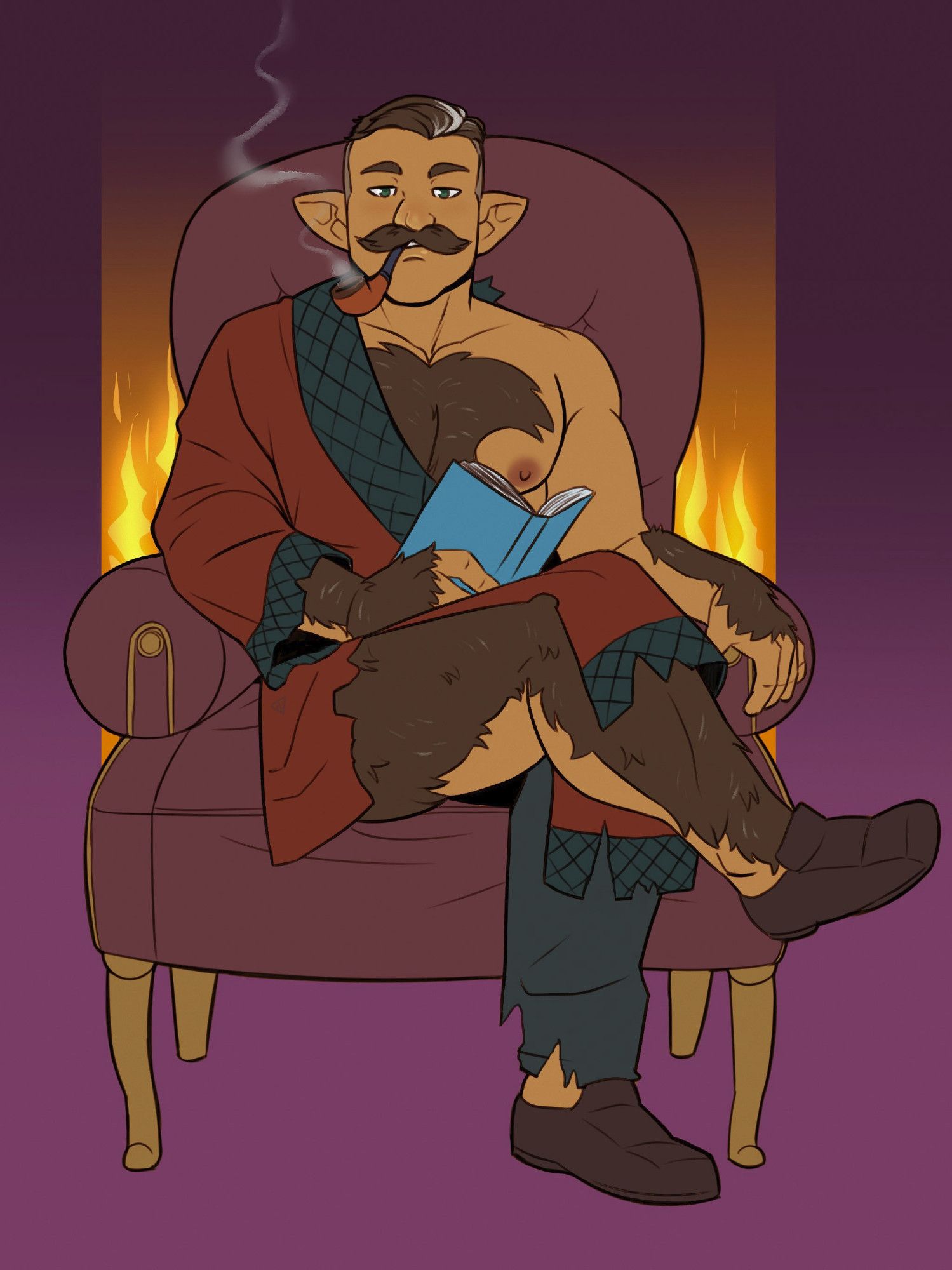 Warren, a halfling, sitting in a large chair in front of a fireplace while smoking a pipe and looking up from a book. He is wearing a red smoking jacket that has been severely ripped, showing off a lot of his upper chest and upper thigh.