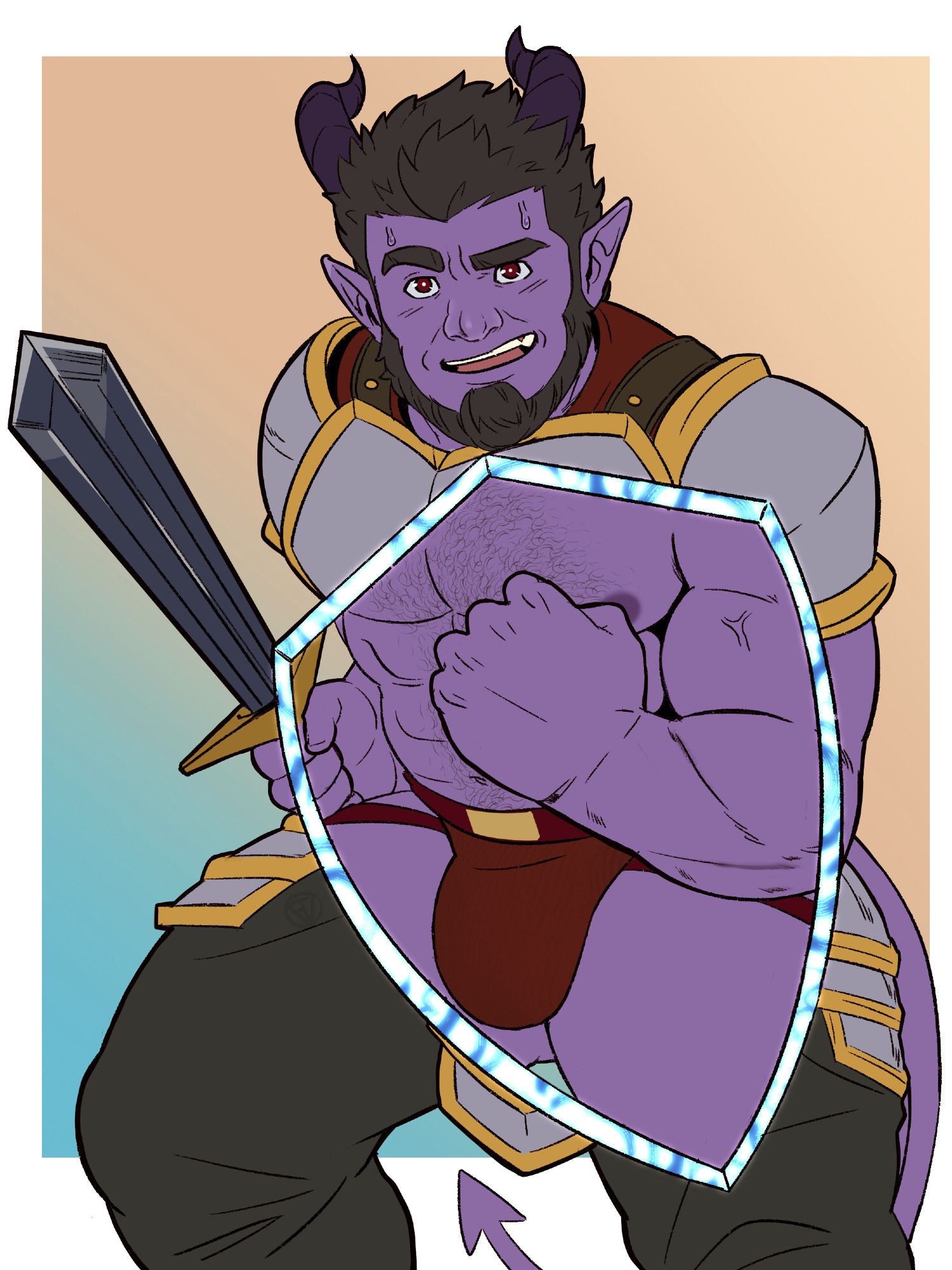 Scorn, a purple tiefling, posing with a sword and shield. The shield is glowing with magic, and the surface is showing Scorn's bare body and red jockstrap. His expression is confused and nervous.