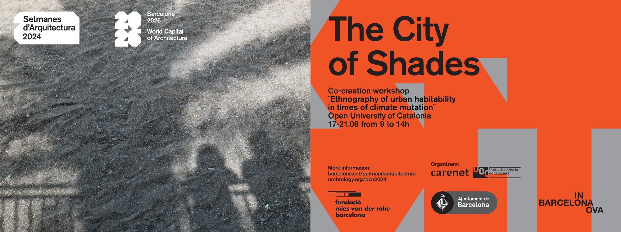 On the left side of the poster there is a photo of the shadow of a palm tree and two people on the sand of the beach.

In the rest of the poster, the information on the "City of Shadows" workshop appears superimposed, with the logos of the different participating entities.