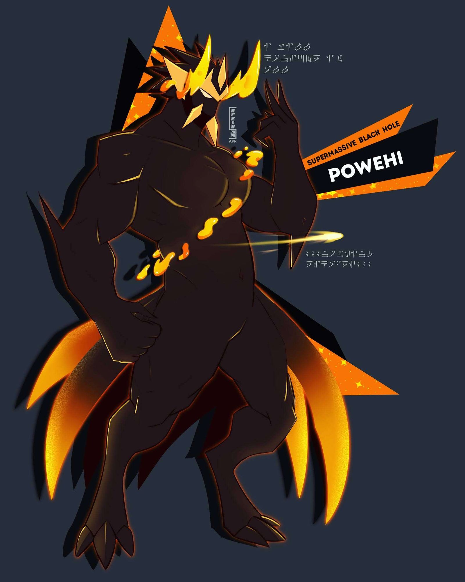 A humanoid red tinted black mass with digitigrade legs, the extremities glowing with orange/ yellow. Around his chest is floating yellow goop, revolving around him. His face lacks a mouth, has glowing horns and golden like armor.

#art #arexuart #bara #macro #furryart #furry