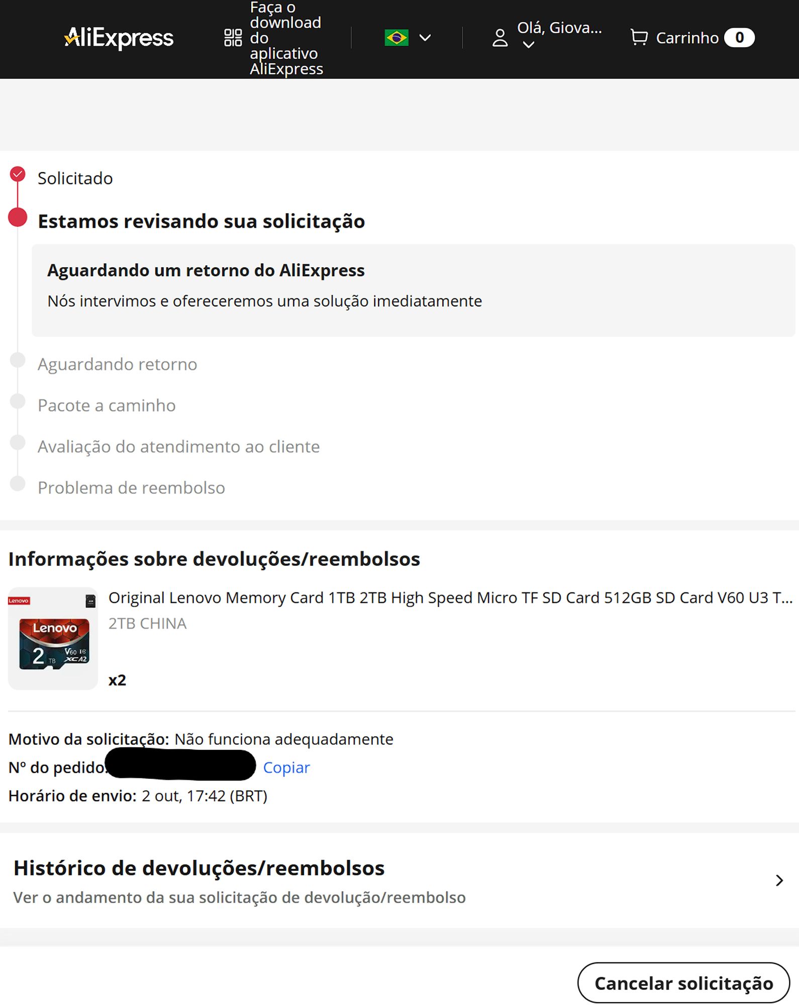 Tela do AliExpress mostrando o pedido de reembolso.