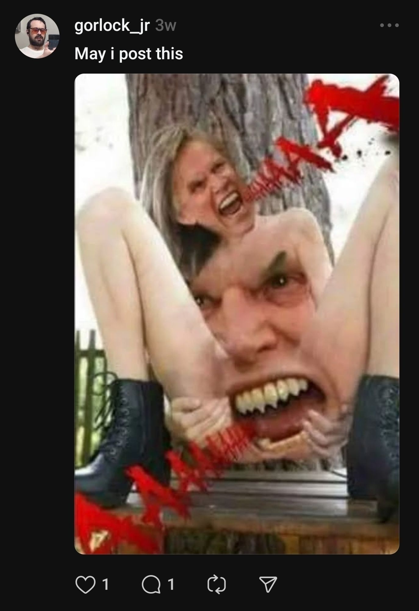 Threads post with the text "may I post this" and a pictor of a naked squatting woman edited to have Gary busey's screaming face on her own head and on her body with his mouth in place of a vagina