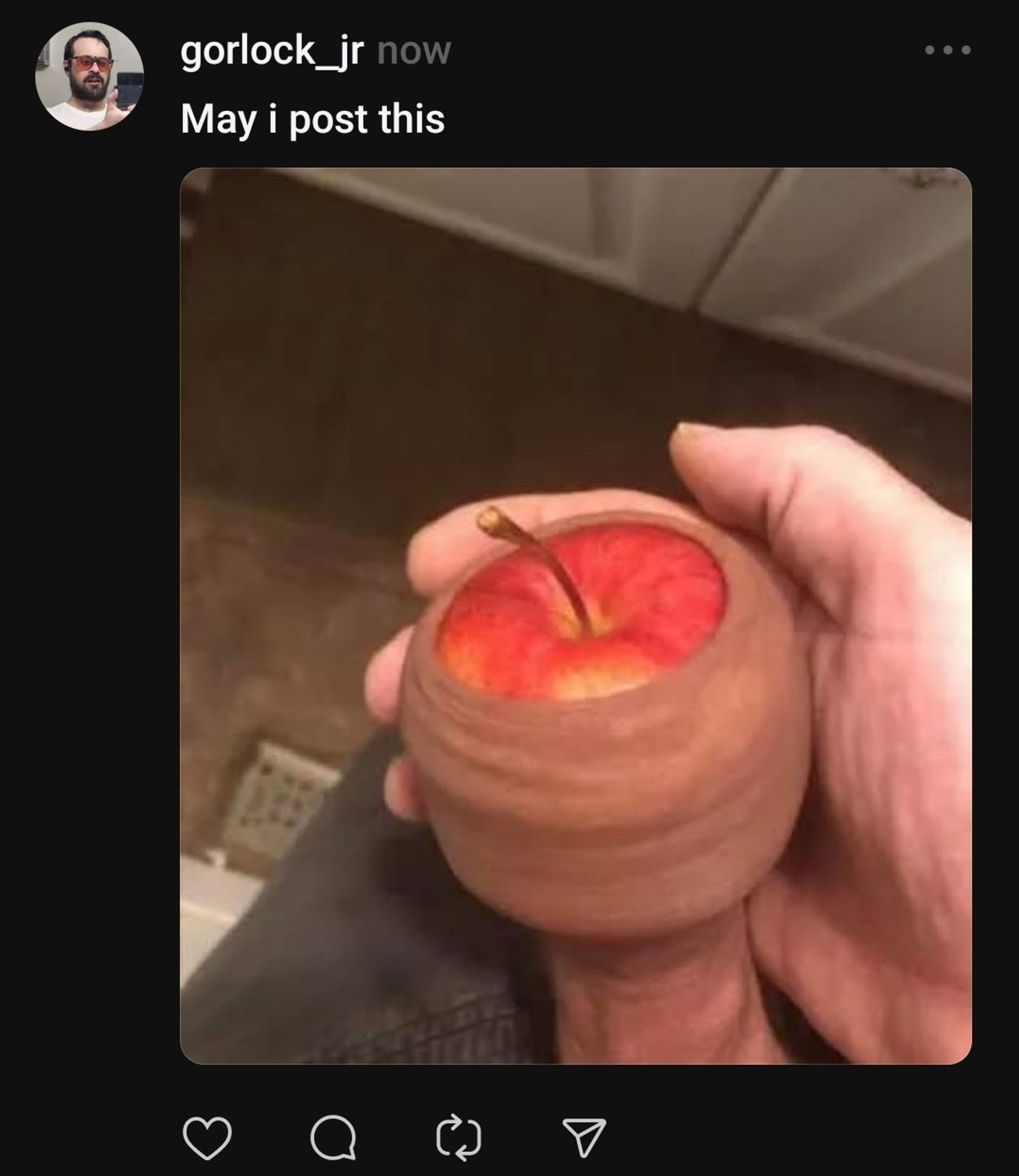 Threads post with the text "may I post this" and a picture of a man with an apple in his foreskin