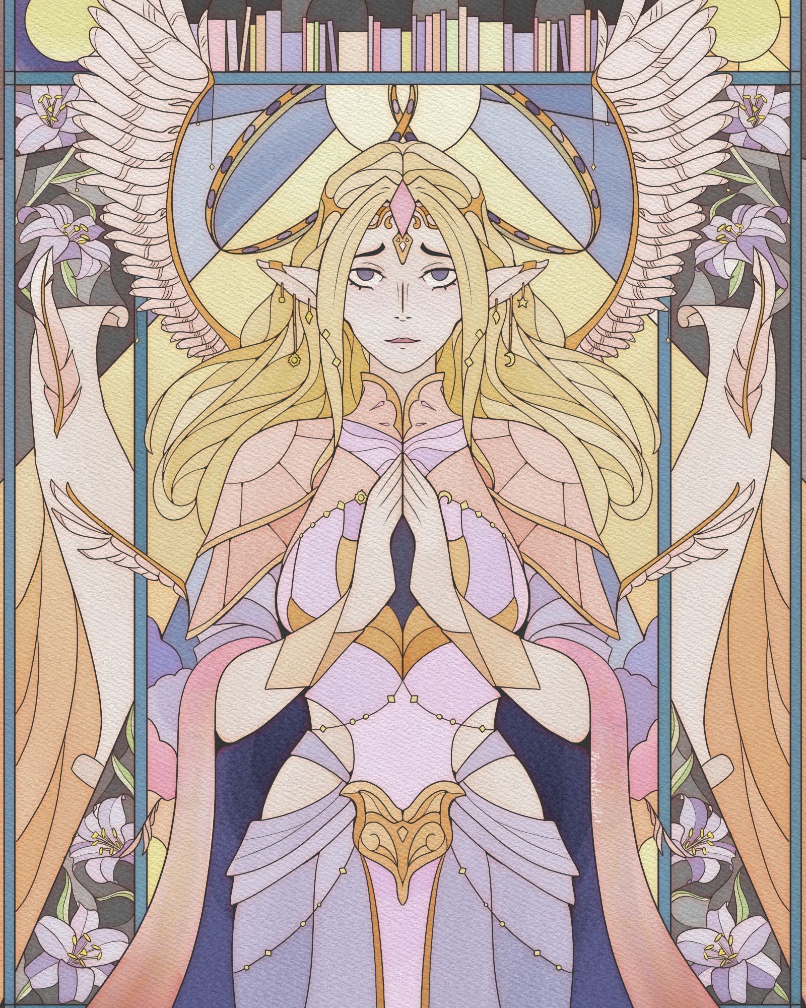 Stained glass style drawing by Breadsticc Art. There is a woman in the center with her hands folded in prayer. She has long, golden hair, and a crown that rests beneath her bangs.