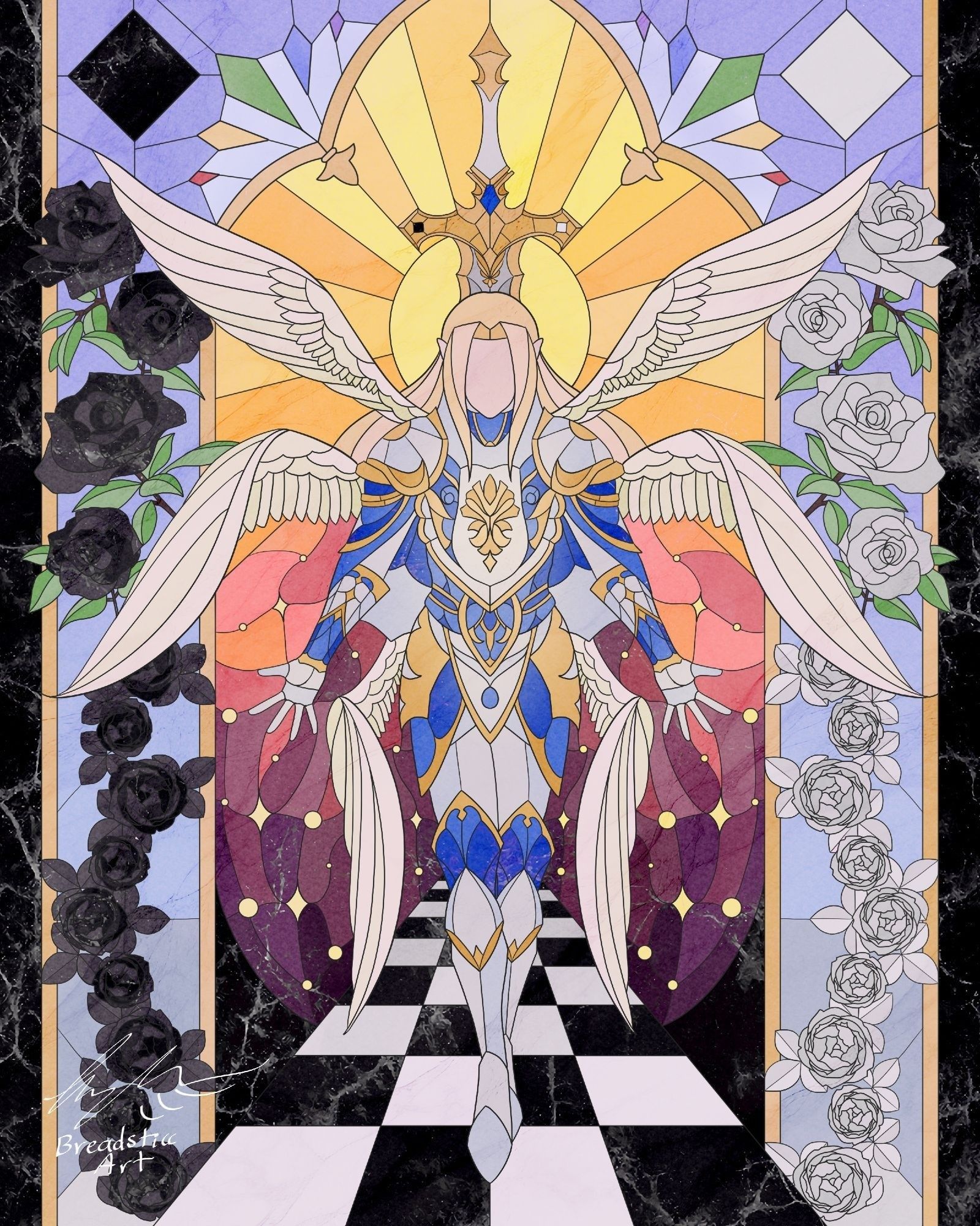 Stained glass style drawing by Breadsticc Art. An angel with blue armor and six white wings stands with his arms outstretched. On either side of him, there are rows of black and white roses, and behind him there is a sword splitting the sun.