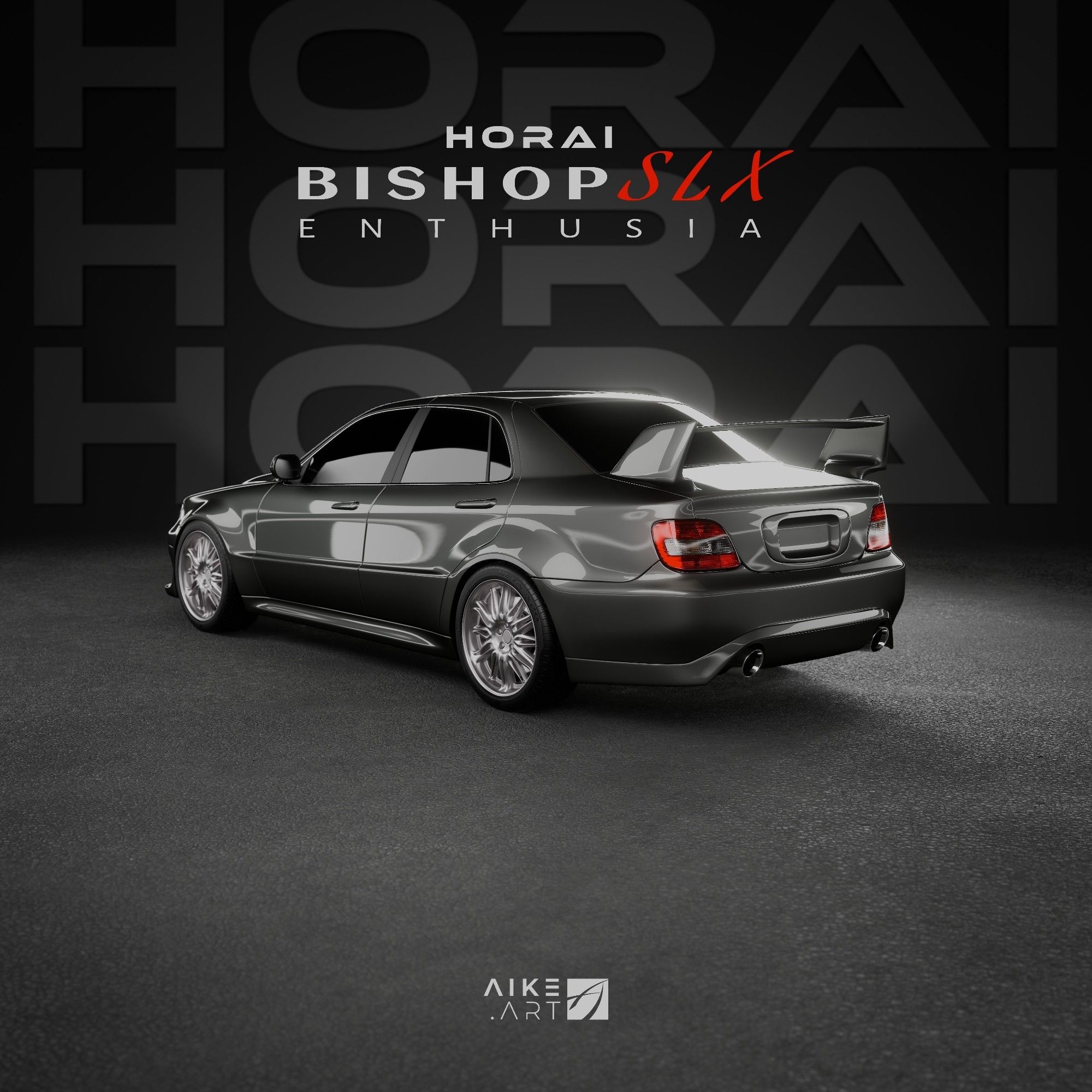 Rear 3/4 view 3d render of a gunmetal grey sports sedan, with its name labeled overhead: the "Horai Bishop SLX Enthusia"