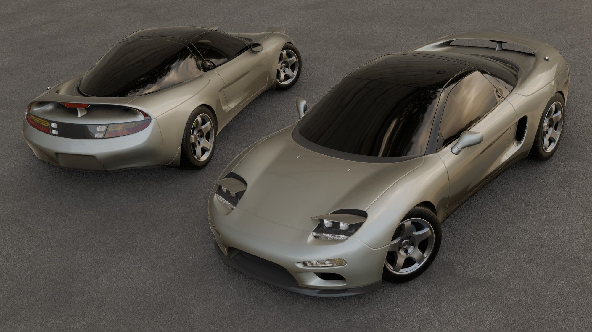 3d render of two low-poly silver RM-X models (a fictional 90s sports car based on the NSX & FD RX7)