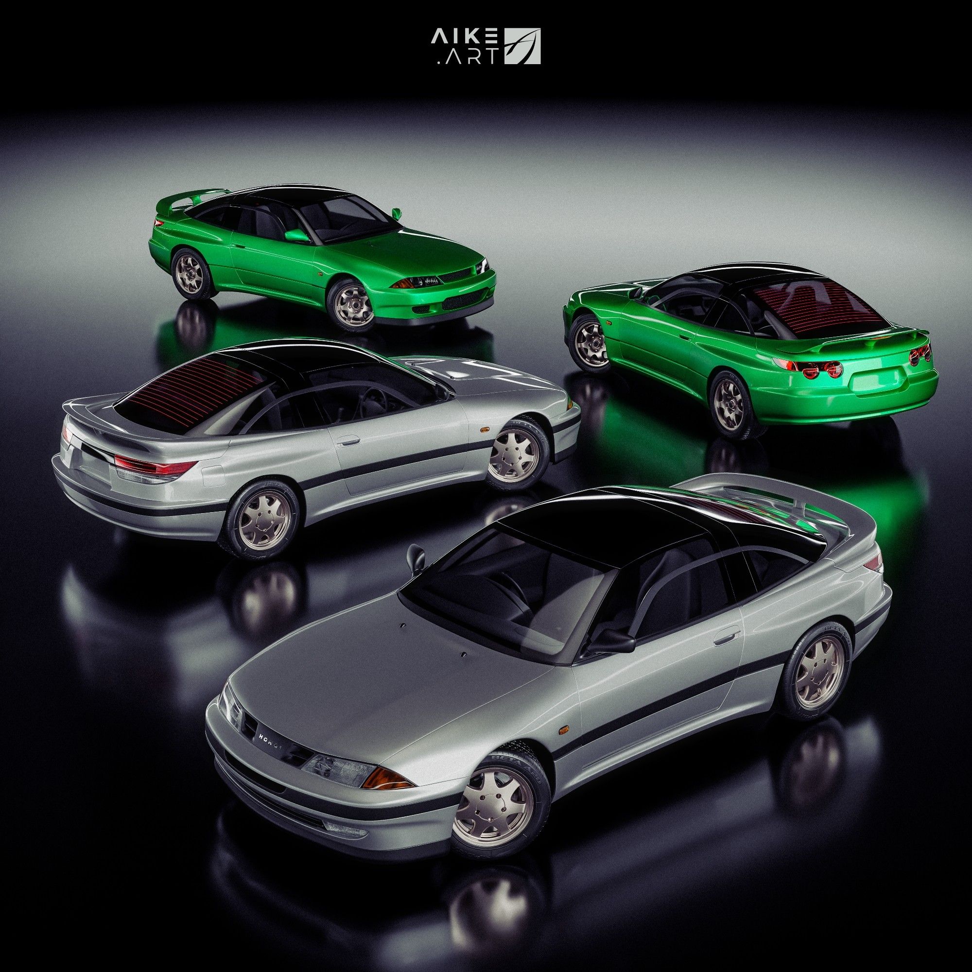 3d render of 4 models of a fictional Japanese sports car - 2 older models in front painted silver, and 2 newer models in the back painted green.  The styling is reminiscent of cars like the Subaru SVX, and the Nissan Skyline R32 GTR