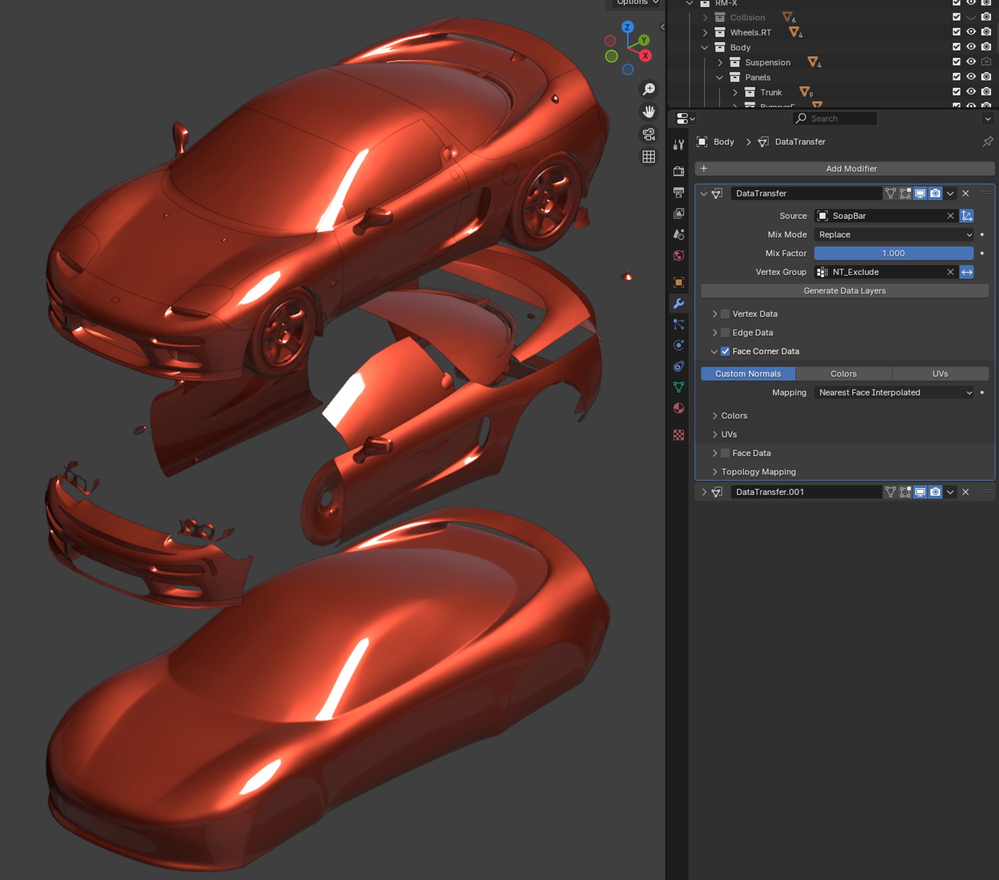 Blender viewport screenshot showing the "Data Transfer" modifier in the modifiers panel.  
Normals on the final model are copied from two primary sources: 
-A merged, solid "soap-bar" model of the car's body to ensure a smooth flow from panel-to-panel (pictured on the bottom) 
-A collection of small, specialized meshes created to fine-tune the shading direction of specific surfaces i.e. vents, mirrors, lights, etc. (pictured in the middle)