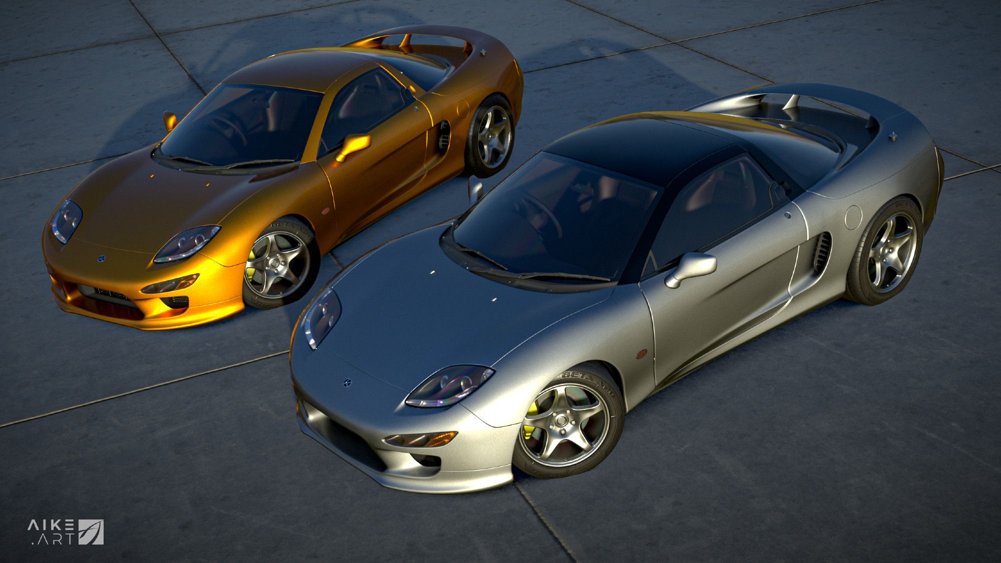 Front 3/4 3D render of two fictional JDM Sports cars from the 2000's at sunset