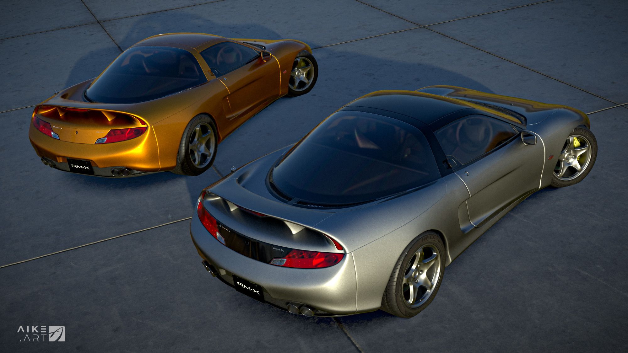 Rear 3/4 3D render of two fictional JDM Sports cars from the 2000's at sunset