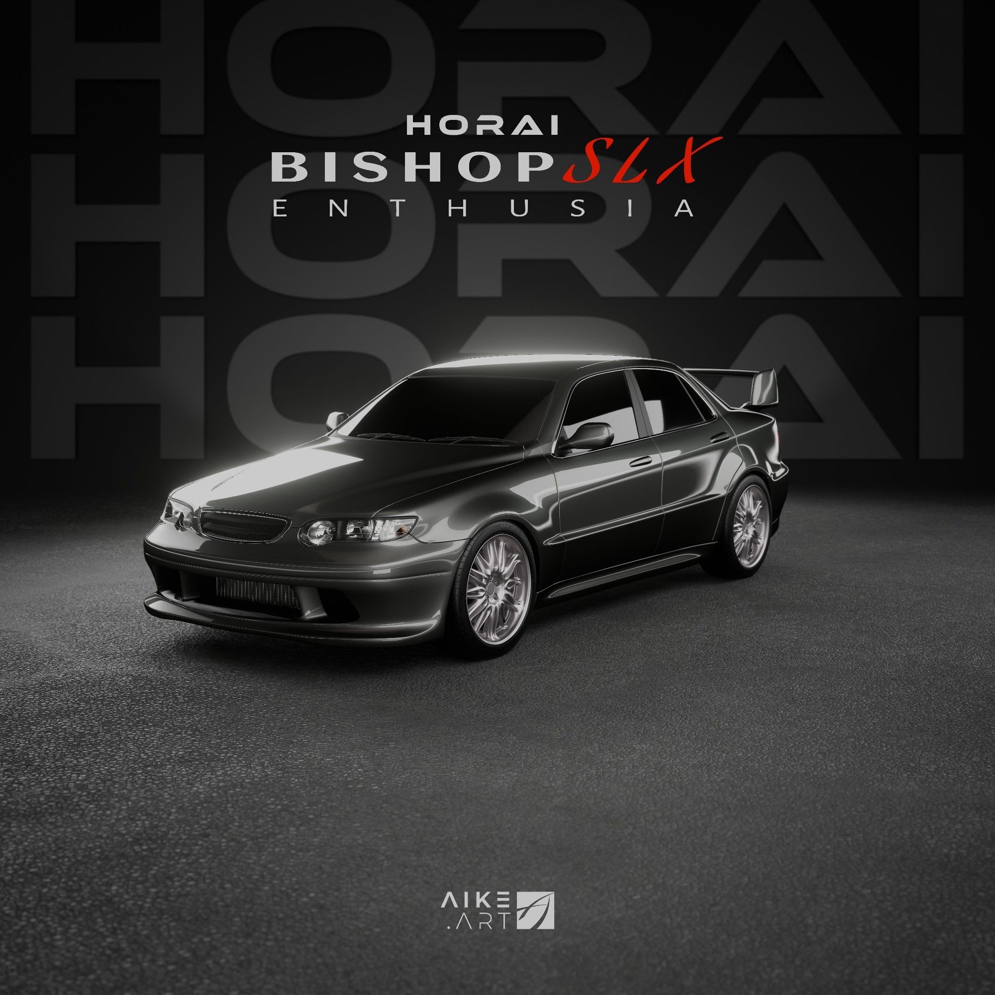 Front 3/4 view 3d render of a gunmetal grey sports sedan, with its name labeled overhead: the "Horai Bishop SLX Enthusia"