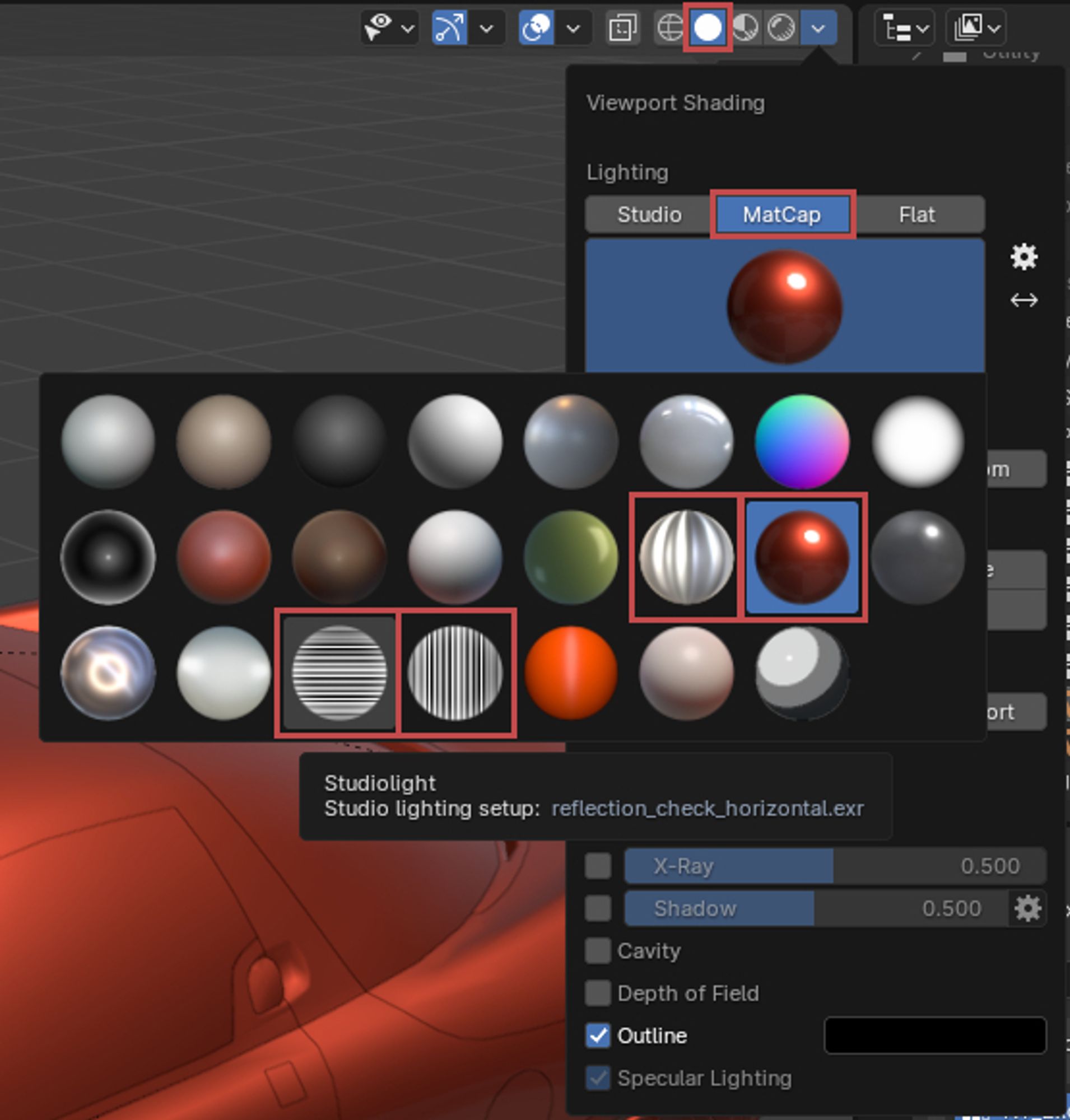 Blender interface screenshot:

In Blender's "solid" viewport shading mode, click the dropdown button next to the shading options and select "MatCap".  Click the preview thumbnail to bring up a list of matcaps to choose from.

For cars & reflective surfaces, I like to switch between the 4 highlighted options.  I'll default to the red glossy MatCap while I'm modeling, and briefly switch to the vertical & horizontal line MatCaps to check specific areas for imperfections