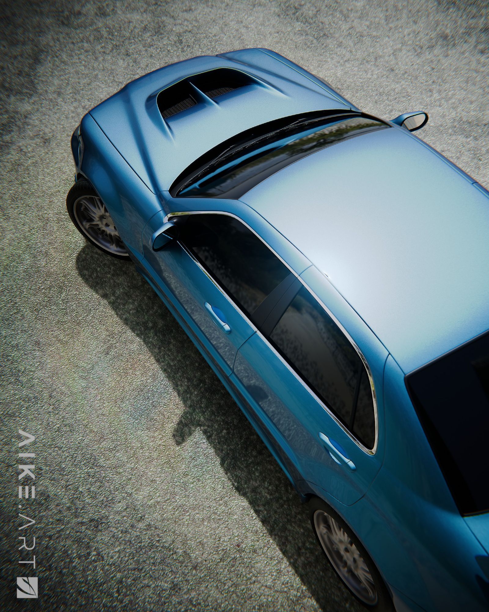 Overhead daytime 3D render of a fictional blue JDM perfomance sedan from the 90s