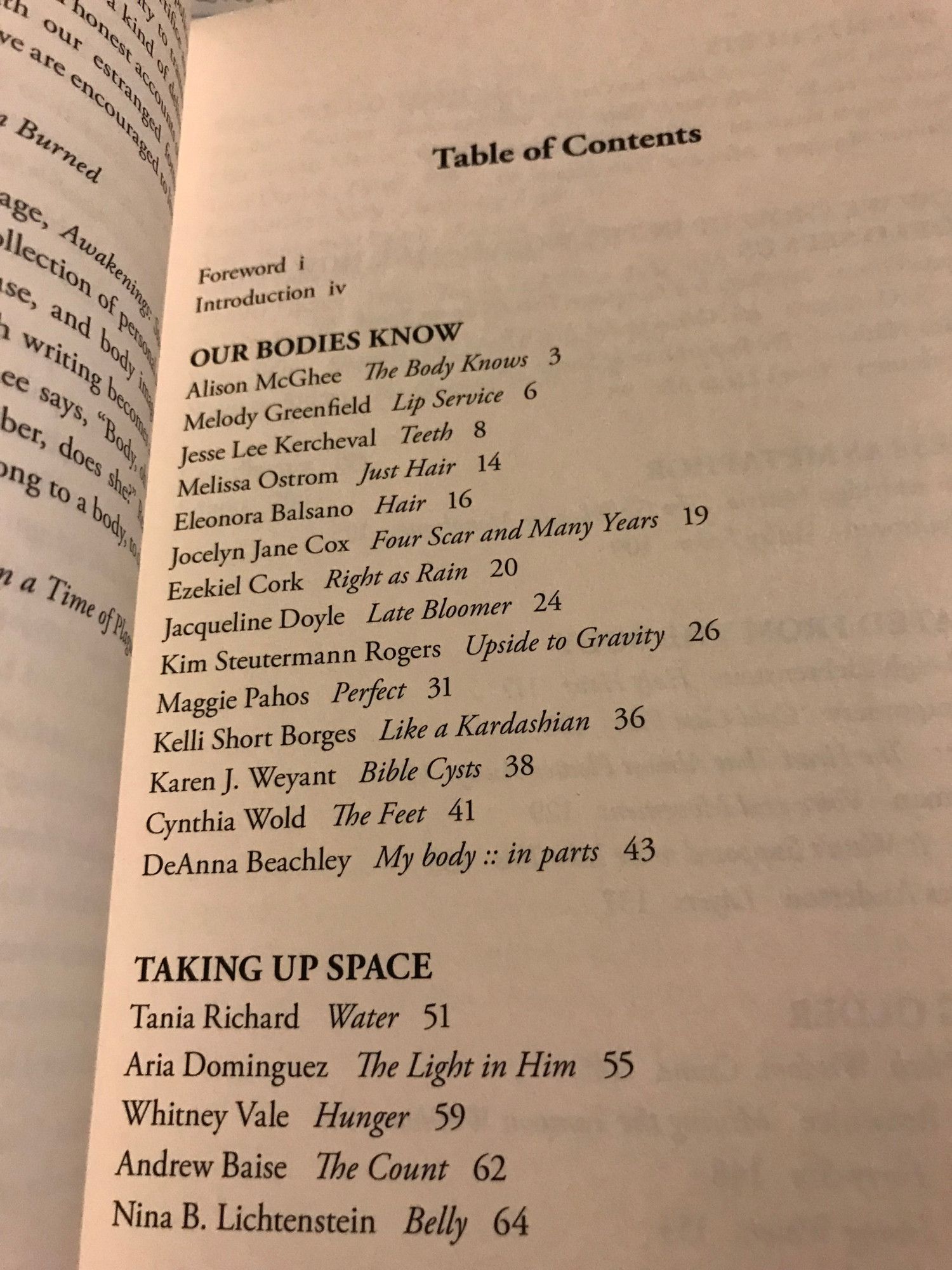 Table of contents from Awakenings: Stories of Bodies and Consciousness. DeAnna's essay appears on page 43!