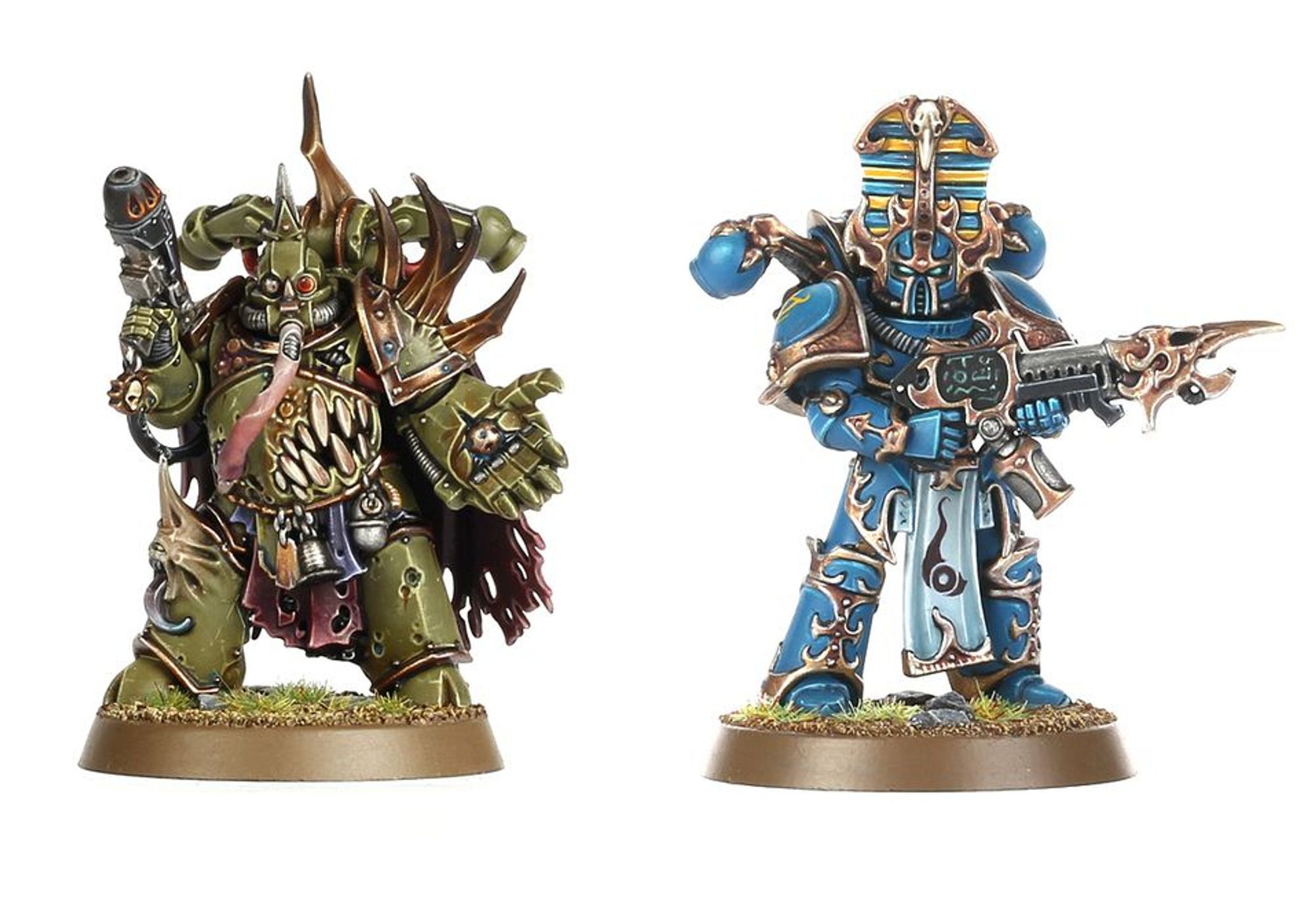 A Plague Marine on the left, and a Rubic Marine on the right.