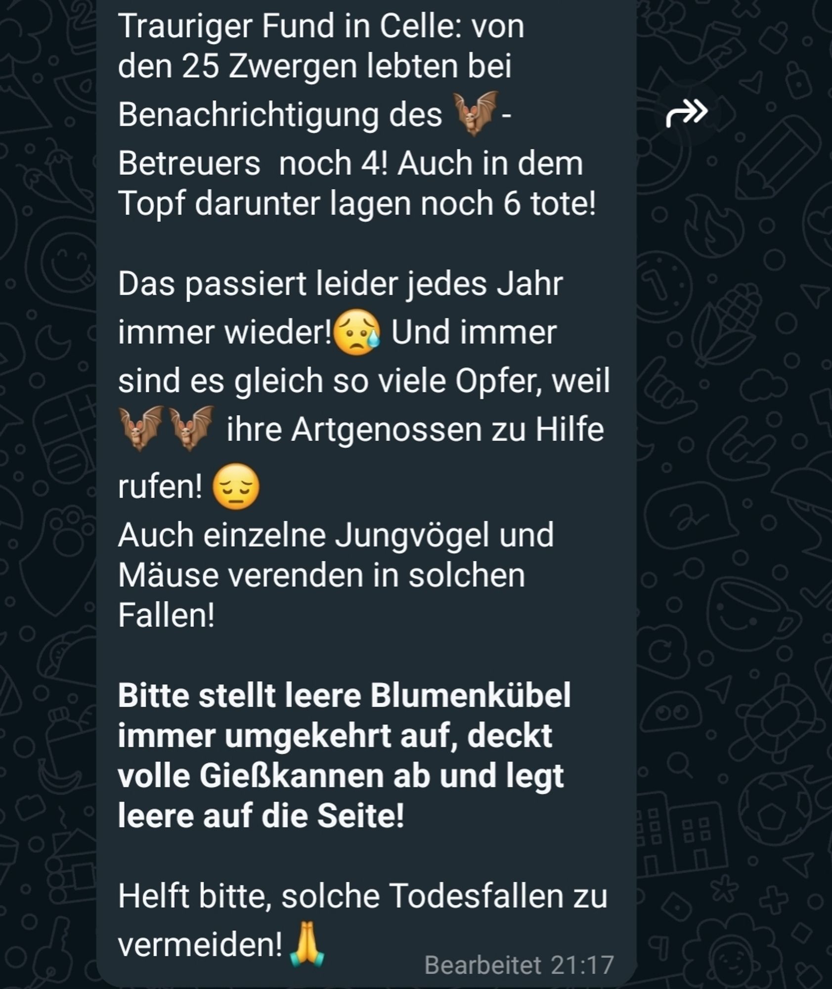 WhatsApp Nachricht, Text:
Trauriger Fund in Celle: von den 25 Zwergen lebten bei Benachrichtigung des 🦇- Betreuers  noch 4! Auch in dem Topf darunter lagen noch 6 tote!

Das passiert leider jedes Jahr immer wieder!😥 Und immer sind es gleich so viele Opfer, weil 🦇🦇 ihre Artgenossen zu Hilfe rufen! 😔
Auch einzelne Jungvögel und Mäuse verenden in solchen Fallen!

*Bitte stellt leere Blumenkübel immer umgekehrt auf, deckt volle Gießkannen ab und legt leere auf die Seite!*

Helft bitte, solche Todesfallen zu vermeiden!🙏