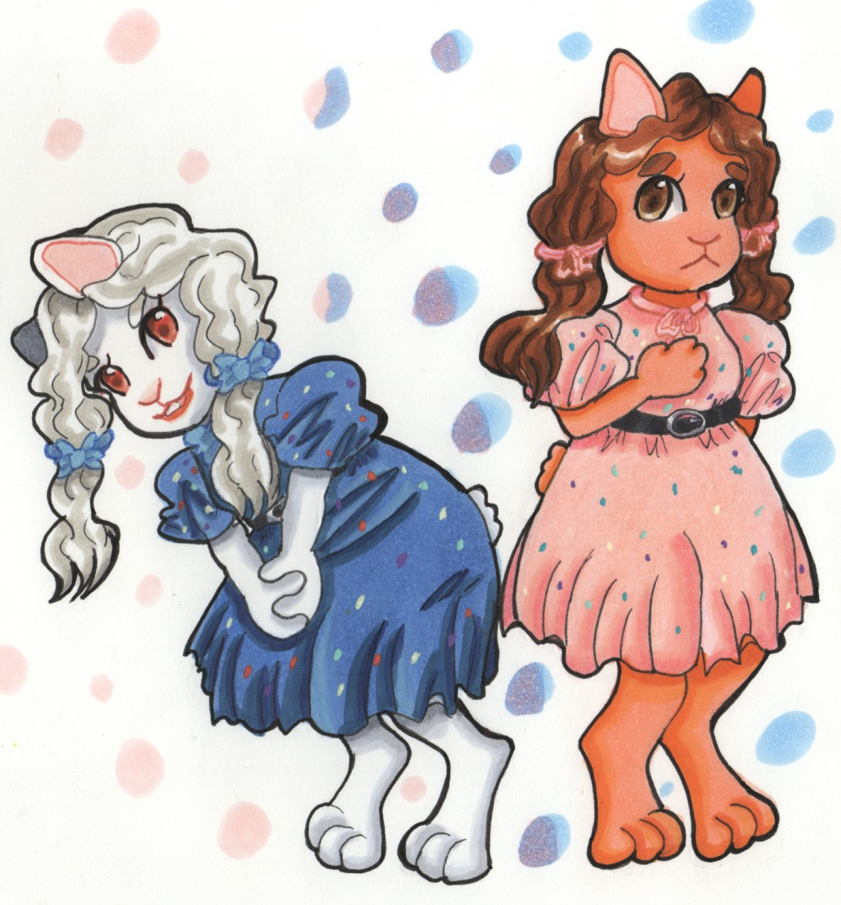 A marker drawing of two anthropomorphic rabbit girls. They both have wavy pigtails, short ears, rabbit like noses, poofy dresses with a belt on their waists, and small tails.

The rabbit on our left has white hair, white fur, nd red eyes. She is wearing a blue dress with multiple colored sprinkles on it, a black belt with a silver buckle, and light blue bows.

The rabbit on our right has brown hair, orange fur, and brown eyes. She is wearing a light pink dress with multiple colored sprinkles on it, a black belt with a silver buckle, and light pink bows