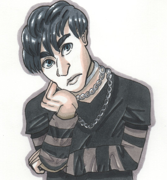 A bust up marker drawing of a teenage boy with his right hand cupping his face. He is wearing a black short sleeved t shirt with a grey-red and black striped shirt underneath and a chain necklace. He has a short, asymmetrical haircut that is longer on his left side compared to his right side. He has black hair and blue grey eyes.