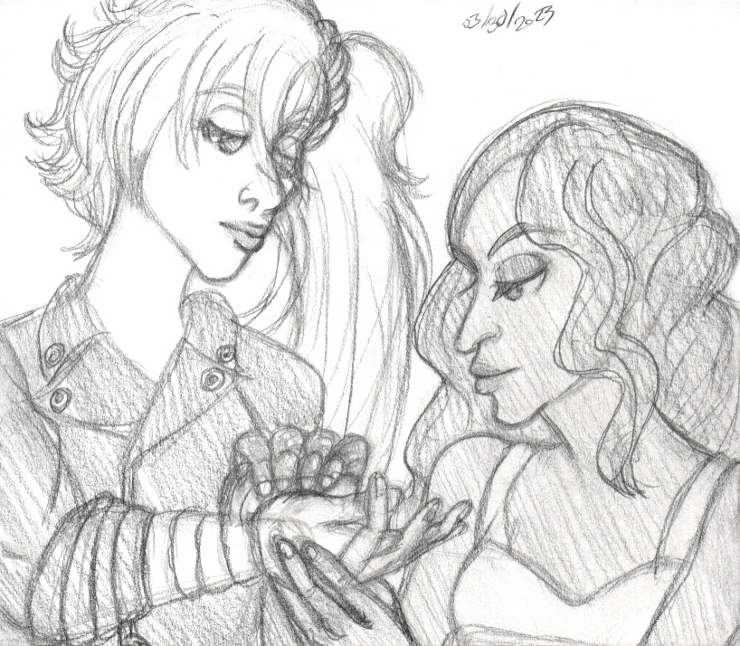 A sketch of two women looking down. The brown woman on our right is applying bandages on the other woman's right arm. 

The woman on our left has asymmetrically long hair including a ponytail on our left. She is wearing a leather jacket. Her sleeves on her right arm are rolled up.

The woman on our right has dark, wavy length hair. She is wearing a tank top. The start of a container lid is shown on the bottom right of the picture.

The date "03/30/2024" in the MM/DD/YYYY is shown above the picture. (I forgot to sign this before I scanned it)