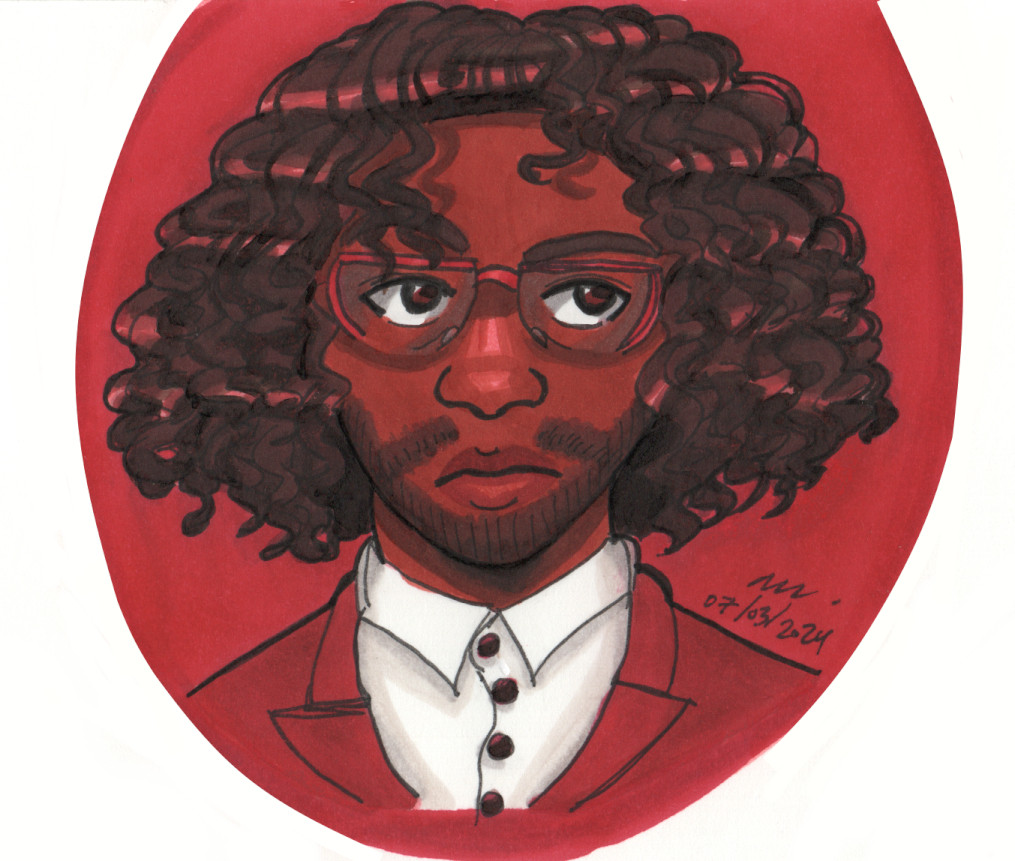 A marker drawing with a red monochromatic coloring scheme. 

The drawing shows a black man with dark brown curly hair, red framed glasses, and a red shirt with a white collared shirt underneath. He is rolling his eyes and looks unimpressed. 

A red circle frames the drawing of the man.