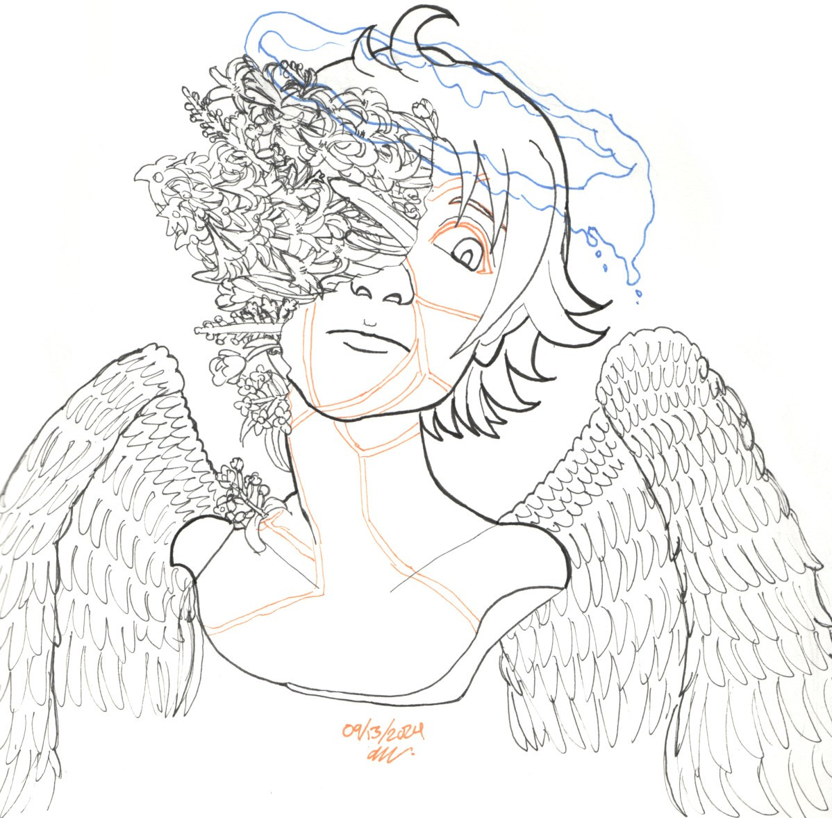 An inked bust-up drawing of angel character with their head tilted up. It has yellow eyelashes, big wings, and a dripping blue halo.

There are tulips, hyacinths, and flower clusters from a sweet almond bush growing on the left side of its face and body. There are various yellow cracks on its face and torso.