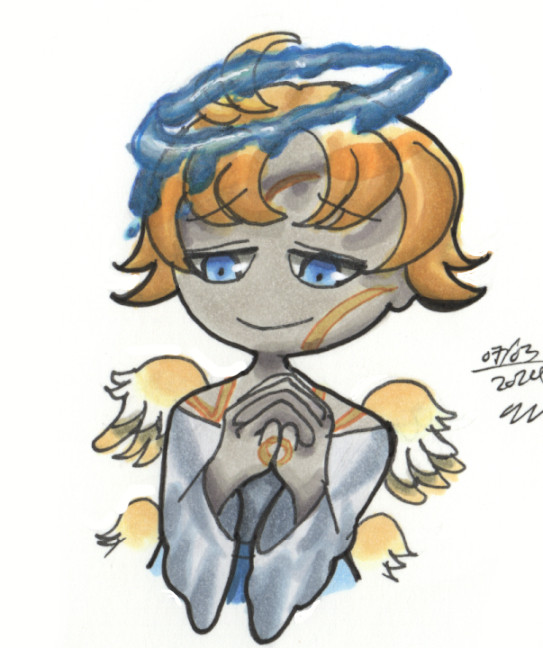 A small chibi marker drawing of an angel-like being with yellow hair, a blue halo that is dripping, light blue eyes, light grey skin, golden markings, and two sets of wings. The wings are colored in a yellow-white gradient. They are wearing a light grey robe that's tucked in at their waist and a light blue skirt.

They have a gentle expression on their face. Their hands are clasped together.

The date "07/03/2024" and a signature are to the right of the drawing.