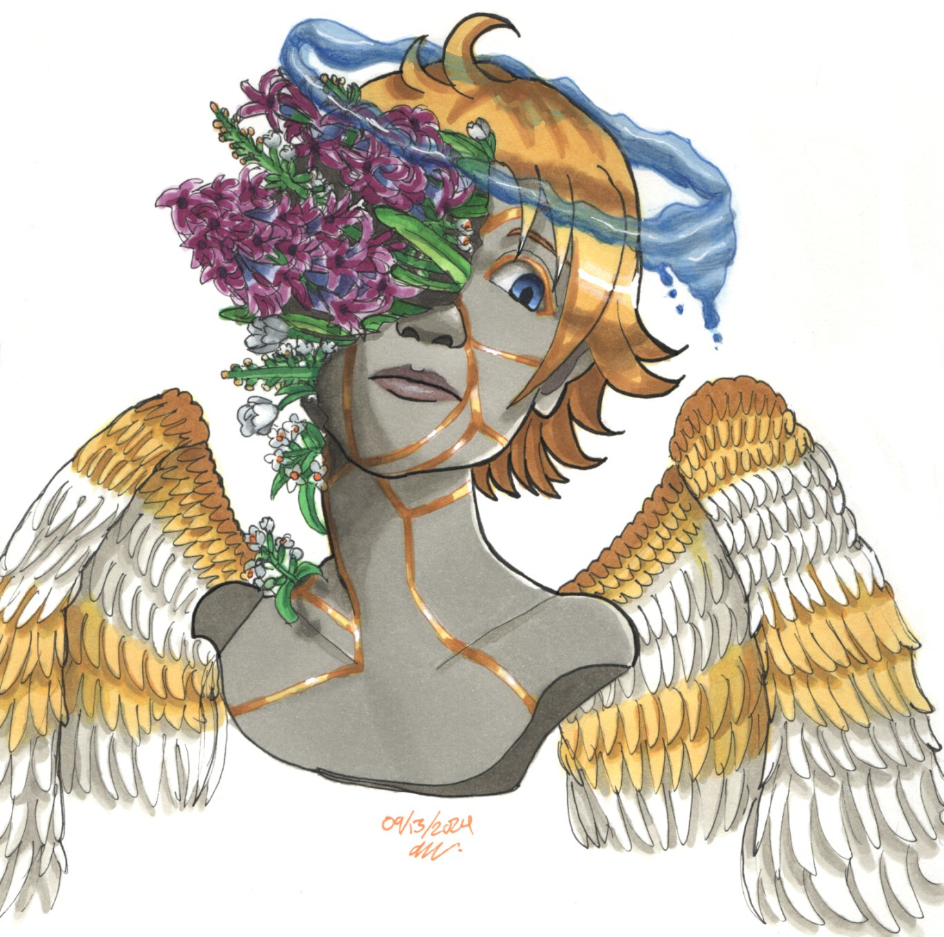 A marker bust-up portrait of a grey-skinned angel character with flowers blooming from the right side of their face. The flowers are a mixture of lemon verbana, sweet almond bush fragments, purple hyacinths with blue ends, and white tulips.

The angel character has their head tilted up while their eye is looking down at the viewer. Their physical features include short blonde hair, golden markings, golden eyelashes, and wings with yellow and white feathers.

A date and signature are below the picture in orange text. The date reads "09/13/2024" (September 13th, 2024).