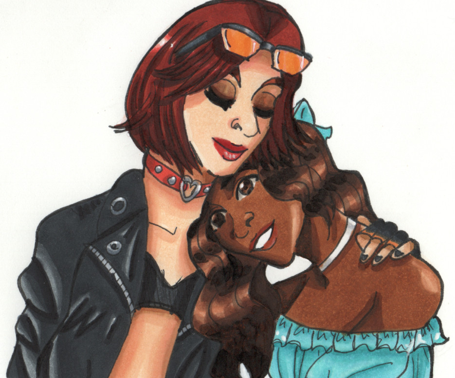 A marker bust up drawing of two women. 

The woman on our left has an auburn bob cut, orange tinted sunglasses perched on her head, a  red choker with a silver heart buckle on it, a black leather jacket, and a black crop top. She is a white woman that is wearing smoky black eyeshadow and red lipstick.

The woman on our right is resting against the other woman's shoulder. She has long, dark brown wavy hair, an aqua colored bow, a white choker, and a frilly aqua blouse with some frill on the top. She is a brown skinned woman with brown eyes.

The woman on the left has a hand placed by the other woman's shoulder. She has black and orange fingerless gloves on