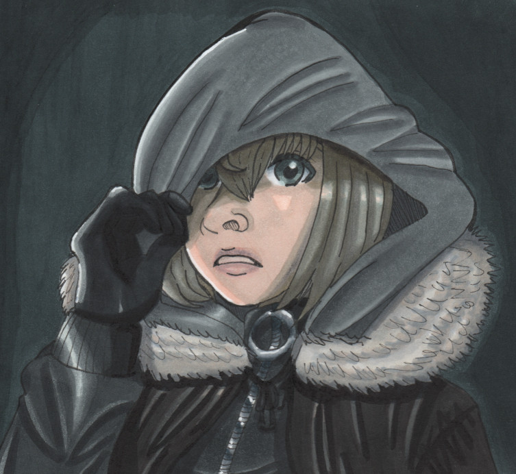 A bust up marker drawing of the character Gray from the Fate franchise (eg The Case Files of Lord El-Melloi II). She is holding down her hood with her left hand. She is on a dark green-grey background.

The left side of the picture has more visible lighting while the right side of the image has more of Gray's face in shadow.