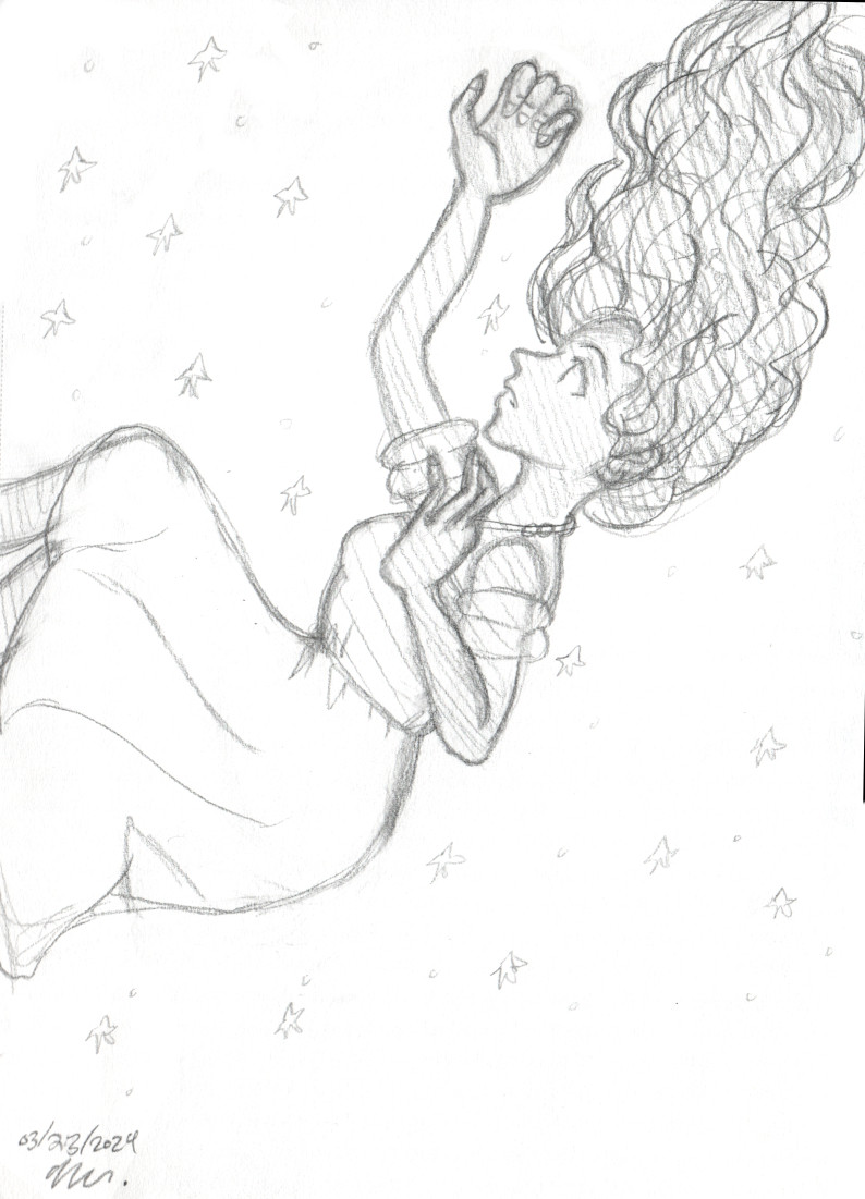 A sketch of a brown woman falling on a bed of stars. She has long wavy hair that is flowing up as if it's pushed by a big gust of wind. She is wearing a necklace, a shirt with poofy sleeves that's tucked at her waist, and a long white skirt