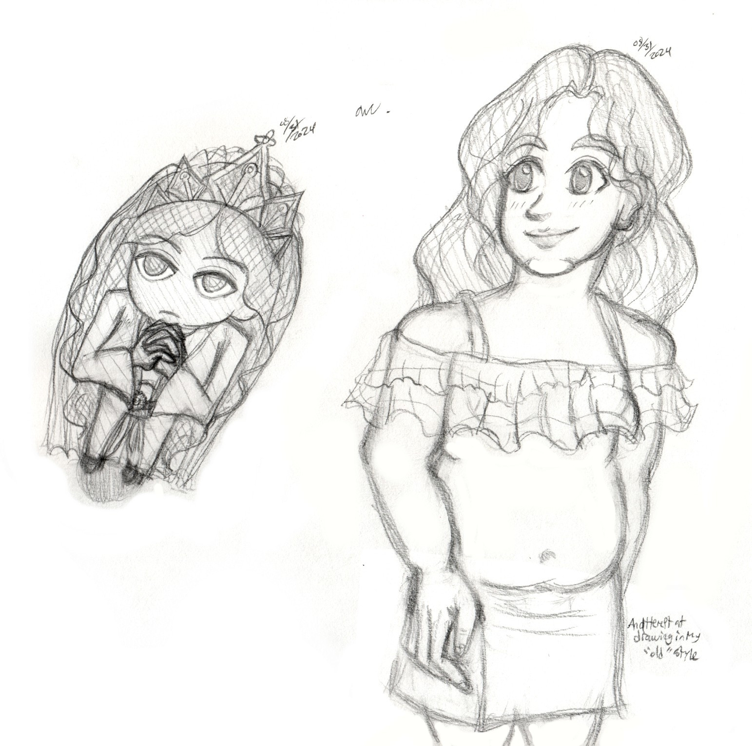 Two pencil sketches of the OCs Seiren (left) and Muffy (right)

Left: A bird's eye view drawing of a chibi woman holding her hands in prayer. She has long, dark, wavy hair and shaded in skin. She is wearing a diamond-shaped crown with a veil, a belt with a ornate buckle on it, and a coat that goes past her waist.

She is looking up at the viewer.

A date of "August 31st, 2024" and a signature are on top of the sketch.

Right: An anime-esque drawing of a chubby woman who is looking to the side and smiling. She has thick eyebrows and long, wavy hair. She is wearing a tankini with a frilly top that covers her breasts and a skirt for a bottom.

A date of "August 31st, 2024" is on top of the sketch. The text "An attempt at drawing in my "old" style" is to the right of the sketch.