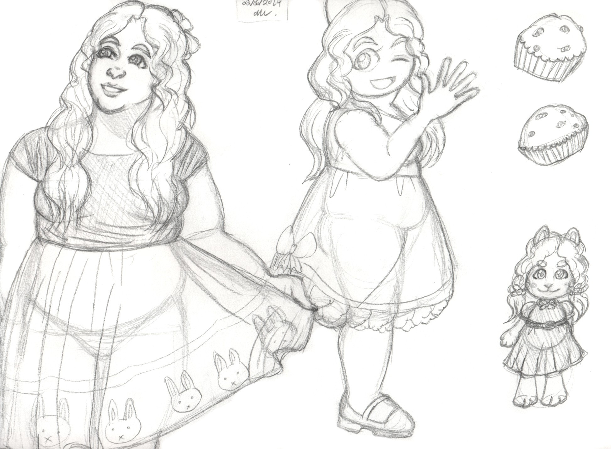 A variety of pencil sketches featuring the character Muffy Perkins.

From clockwise:

A sketch of a fat girl with wavy hair holding her skirt with her left hand. She is wearing a bow, a black blouse that is tucked at her waist, and a skirt with bunny head images on it.

A cartoony sketch of a fat girl with wavy hair and a bow on her head. She is winking at the viewer. She is wearing a knee length sleeveless dress with ruffles and bows on the end. One of her legs is in a kick pose.

Two sketches of blueberry muffins.

A sketch of an anthro bunny girl with wavy ponytails. She is wearing a long dress that has a belt on her waist.