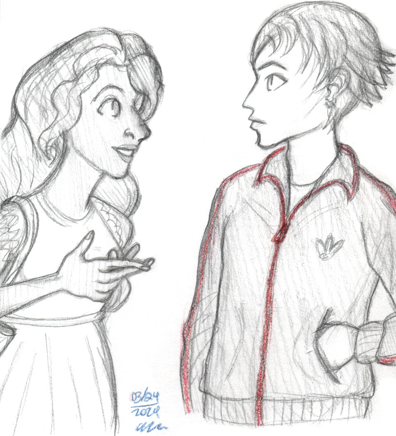 A sketch of two people talking to each other.

The person on our left is a brown woman with dark, wavy hair. She is wearing a sleeveless dress.

The person on our right is a man with short, spiky hair. He is wearing a red and black colored collared track jacket with the Adidas logo on it. His left hand is inside a jacket pocket.

An artist signature and the date "03/24/2024" in the MM/DD/YYYY format is on the bottom on the picture. The date and signature are written in blue colored pencil