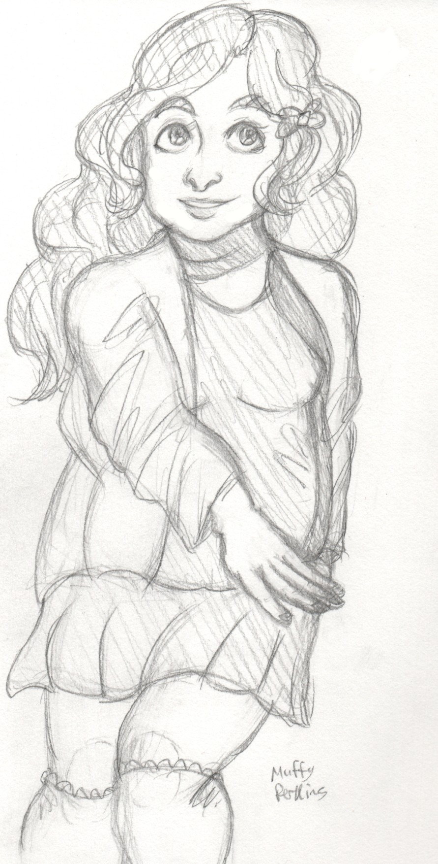 A pencil sketch of a smiling chubby girl. She has wavy hair that goes past her shoulders, thick eyebrows, wide eyes, and a curved nose. 

She is wearing a blouse that goes to her waist, a white cardigan, a short skirt, and knee high socks. She also has a bow clipped to the left side of her hair.