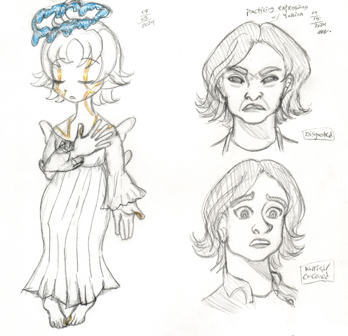 Three pencil sketches of the OCs Pillar (left) and Yukina (right).

Left: A chibi sketch of a character with golden markings, two sets of small wings, pointy ears, and a blue halo that is dripping on one side. 

They have closed eyes and bobbed hair that goes past their neck. They have one hand placed on their torso while the other hand is extended out with its palm up. They are wearing a loose blouse that is tucked in at their waist and loose pants that go down to their ankles.

A date of Sept 3rd, 2024 is written to the right of the sketch.

Right: Two headshot sketches of the same woman. She has wavy hair and eyebrows that are thick on one side. Text with the words "Practicing expressions with Yukina" are written on top. A sig and date are included.

The top sketch shows the woman making a disgusted expression. The text "Disgusted" is written on the right.
The bottom sketch shows the woman making a concerned expression. The text "Concerned/Worried" is written on the right