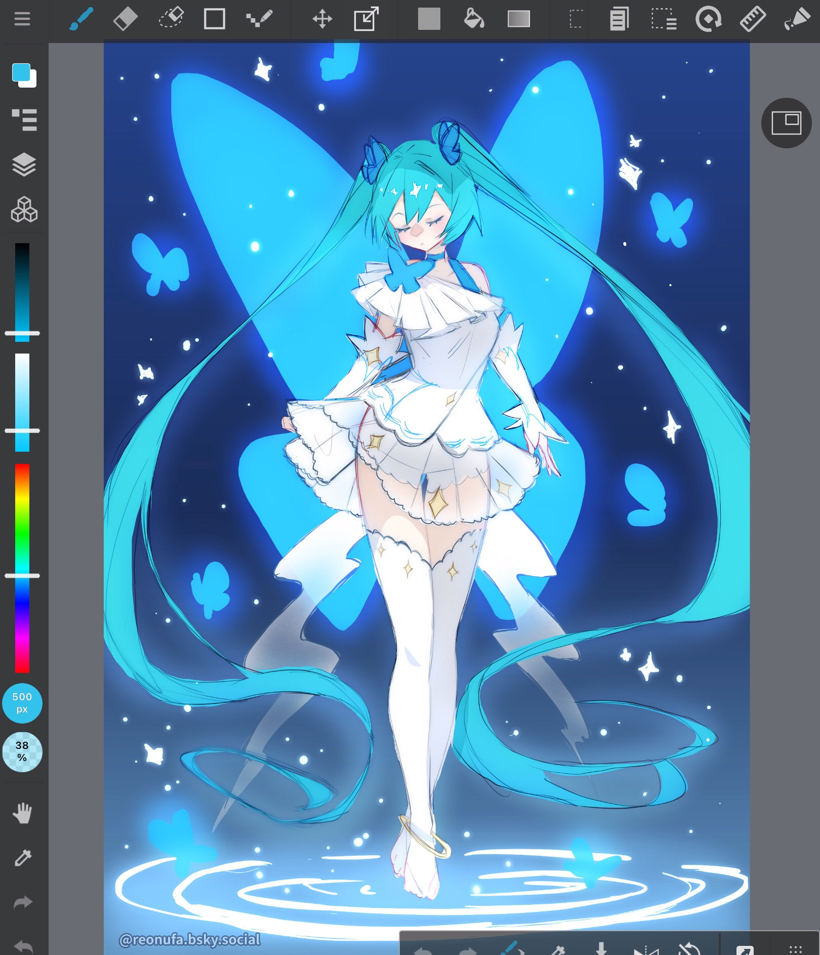 Hatsune Miku in a short, frilled white dress with blue butterfly accessories and large blue butterfly wings. There are smaller butterflies around her against a dark gradient backdrop, glowing serene with her as she hovers ethereally over a ripple of water, surrounded by stars.