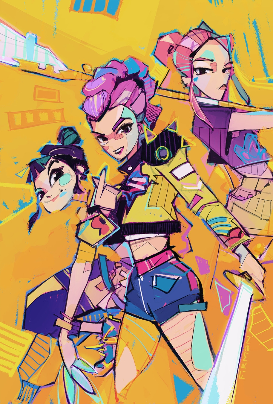 A messy illustration of the trio Huntrix from Kpop Demon Hunters, from left to right, Zoey, Rumi, and Mira.  They’re wearing their initial outfits from the film, the set with Rumi’s spike-shouldered yellow jacket.  They’re also wielding blades and Rumi is making a finger heart gesture.