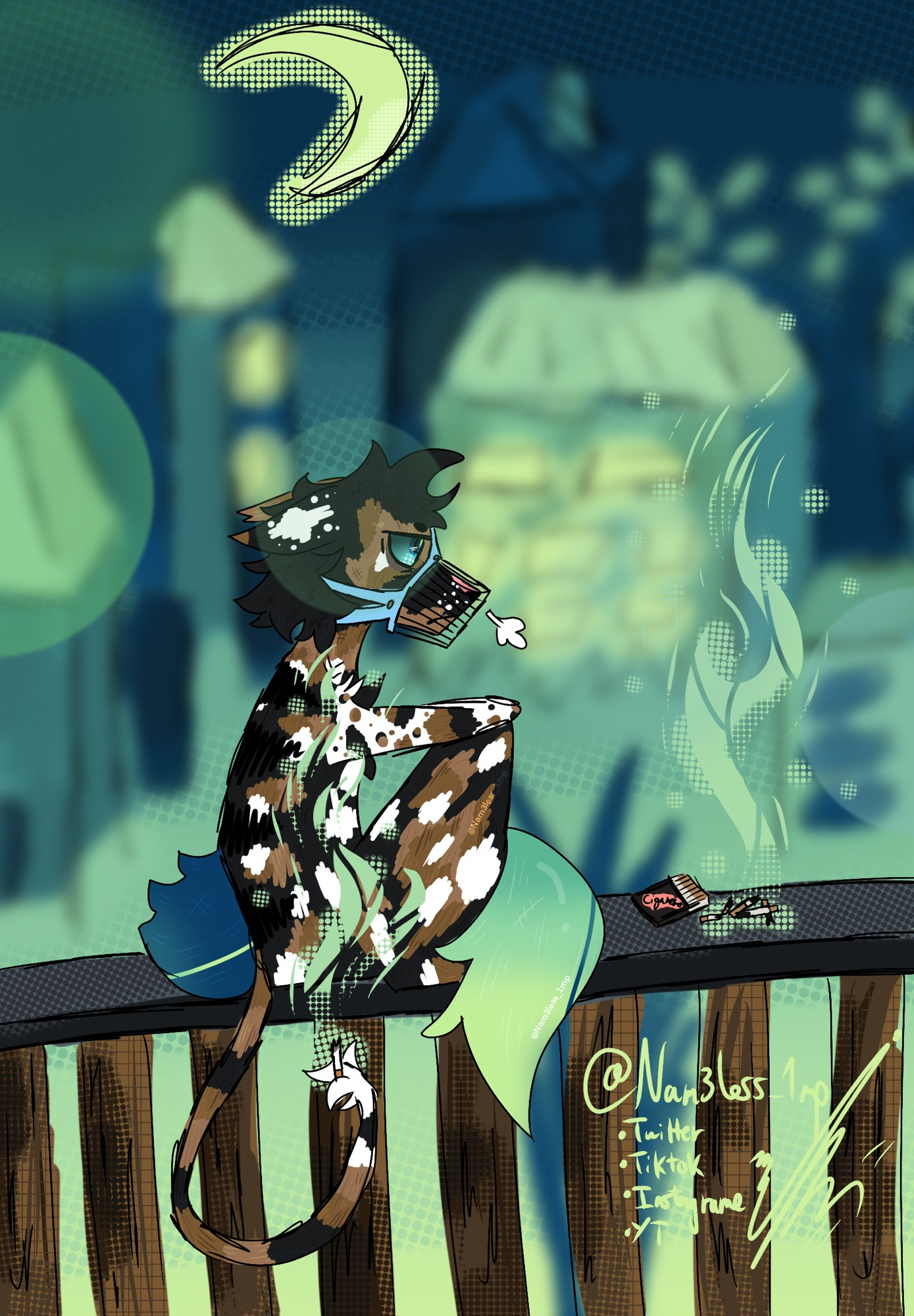 My oc sitting on a balcony (the fence) w a muzzle on [they’re an anthro], there are cigarettes in a pile