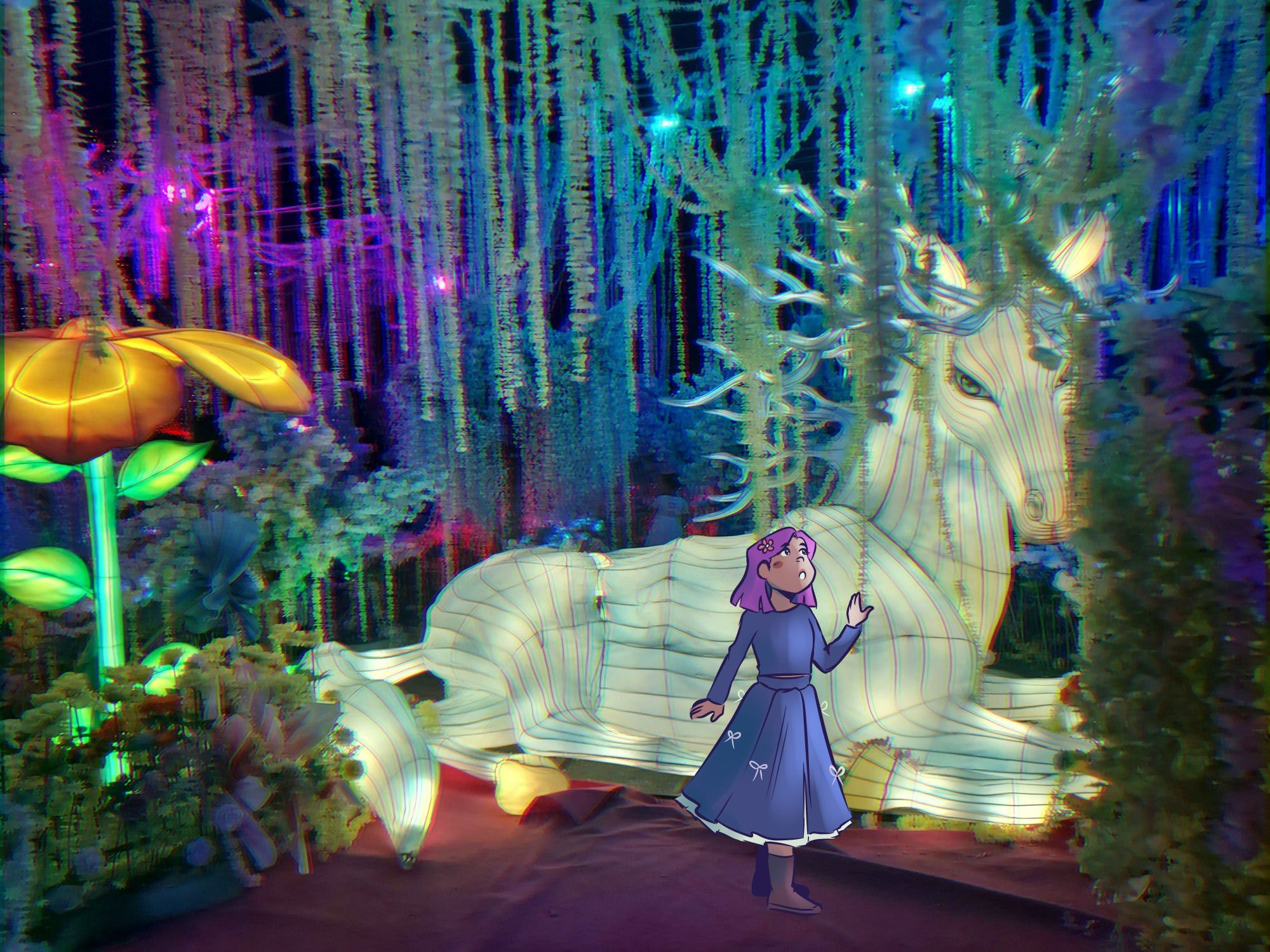 Photograph of a wildly horned stag, surrounded by vines and glowing plants. A purple haired girl, in a deep blue dress, stands near it in awe, gently petting it.