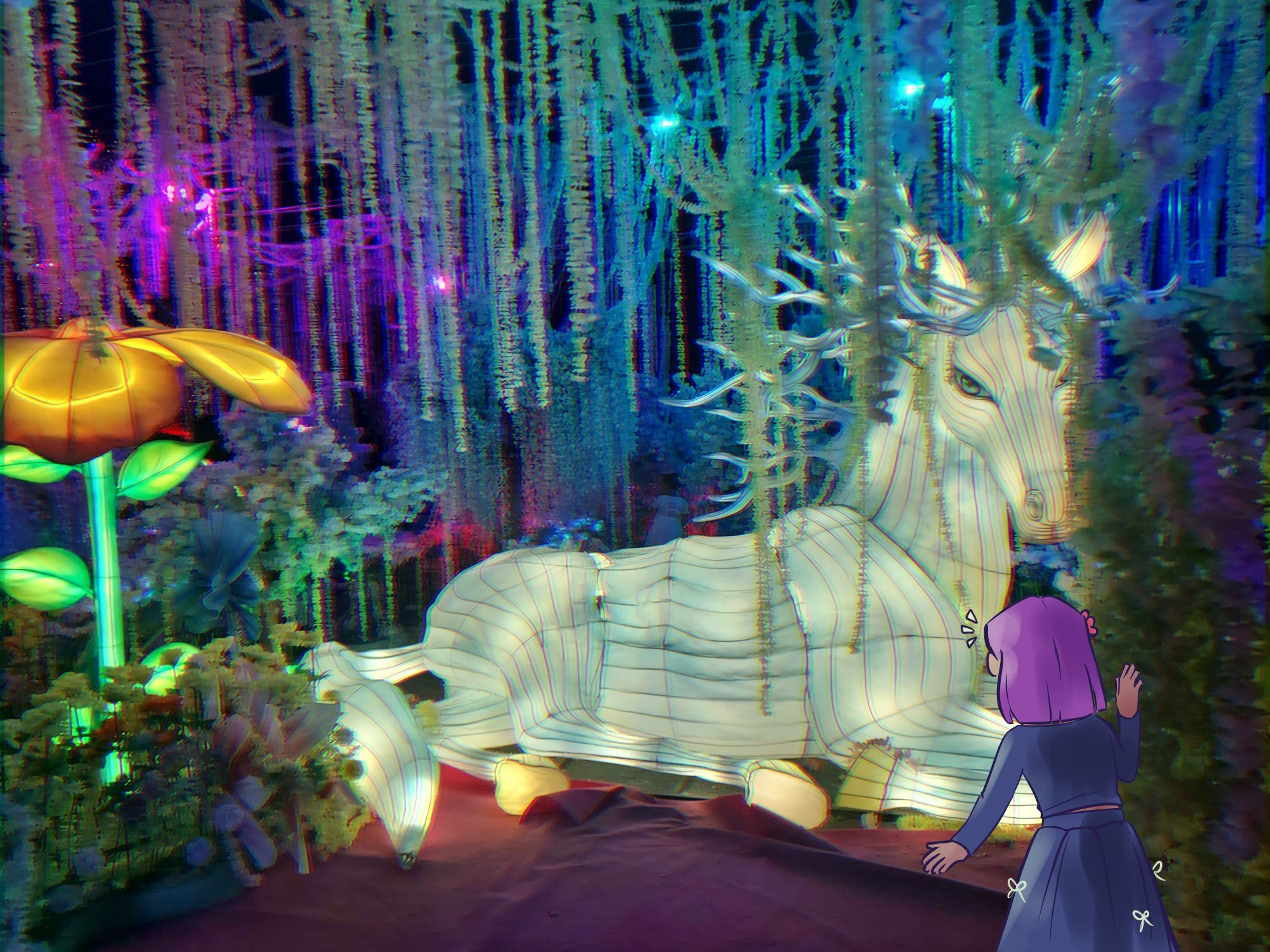 Photograph of a wildly horned stag, surrounded by vines and glowing plants. A purple haired girl, in a deep blue dress, peeks through the nearby bush in surprise at the marvel.