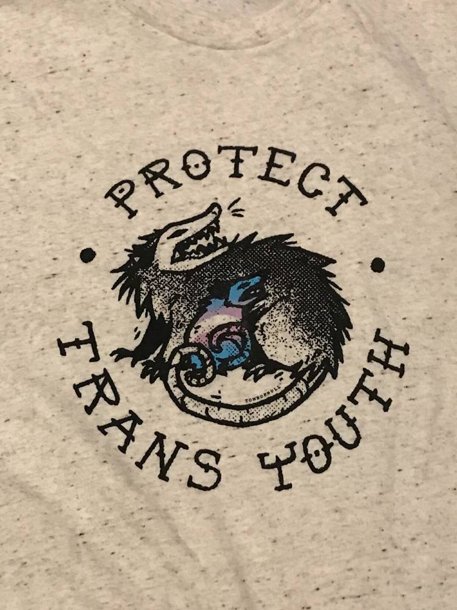 Photo of a T-shirt with a drawing by Null of an adult opossum protecting a smaller opossum that's colored with the colors of the trans flag. The words "PROTECT TRANS YOUTH" encircle the drawing.