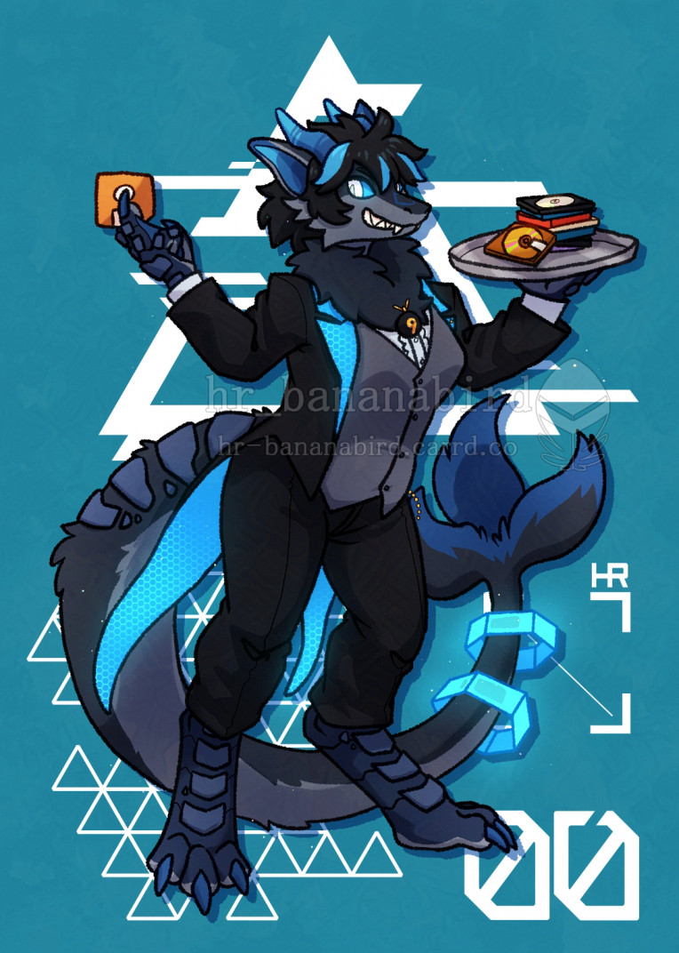 Digital art of an anthro fluffy dragon creature wearing a butler outfit and holding a silver tray of MiniDiscs. She is also showing off an orange floppy disk in her right hand.