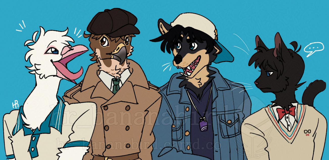 Digital art of four anthro characters. On far left is a white dove wearing a white and blue polo shirt. On second from left is a brown falcon wearing a newsboy cap and trench coat. On second from right is a black and brown shiba inu wearing a backwards baseball cap and denim jacket over a navy colored V-neck shirt. On far right is a black cat wearing a beige sweater over a white button-up with a red bow-tie.