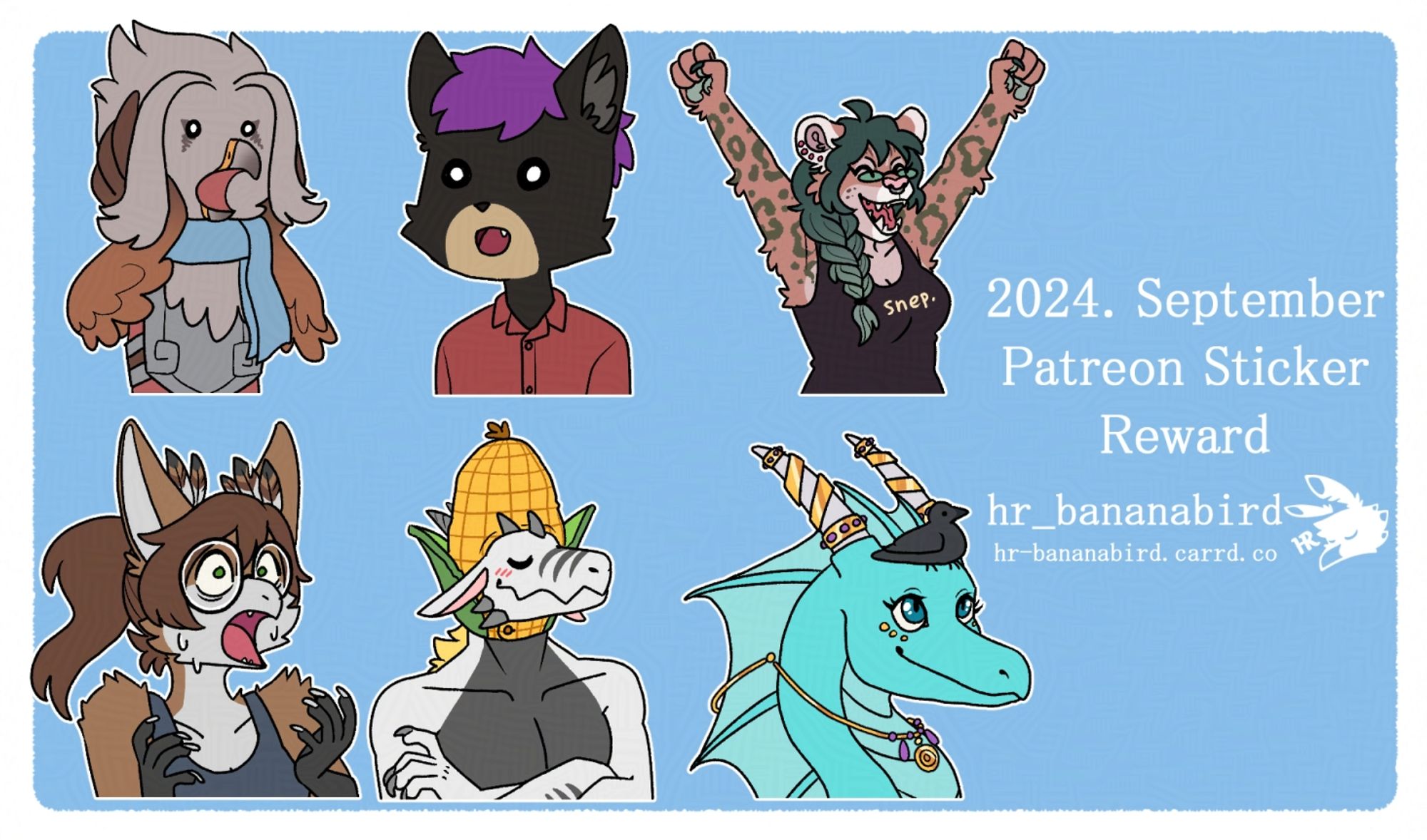 Digital art of several anthro characters meant as Telegram stickers. From left to right, on the top row is a shocked bird, a surprised black cat, and a show leopard with their arms in the air in exuberance. On the bottom row is a gryphon looking extra shocked, a white dragon with a corn hat on his head, and a teal dragon with a small crow on her head.