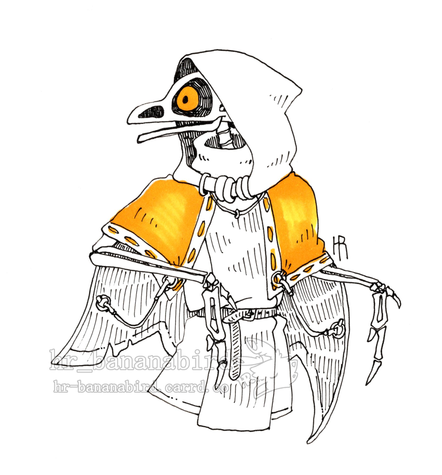 Traditional pen art of an anthro wren bird skeleton. They have orange glowing eyes in their eye sockets, and are wearing an orange hooded cape over a tunic.