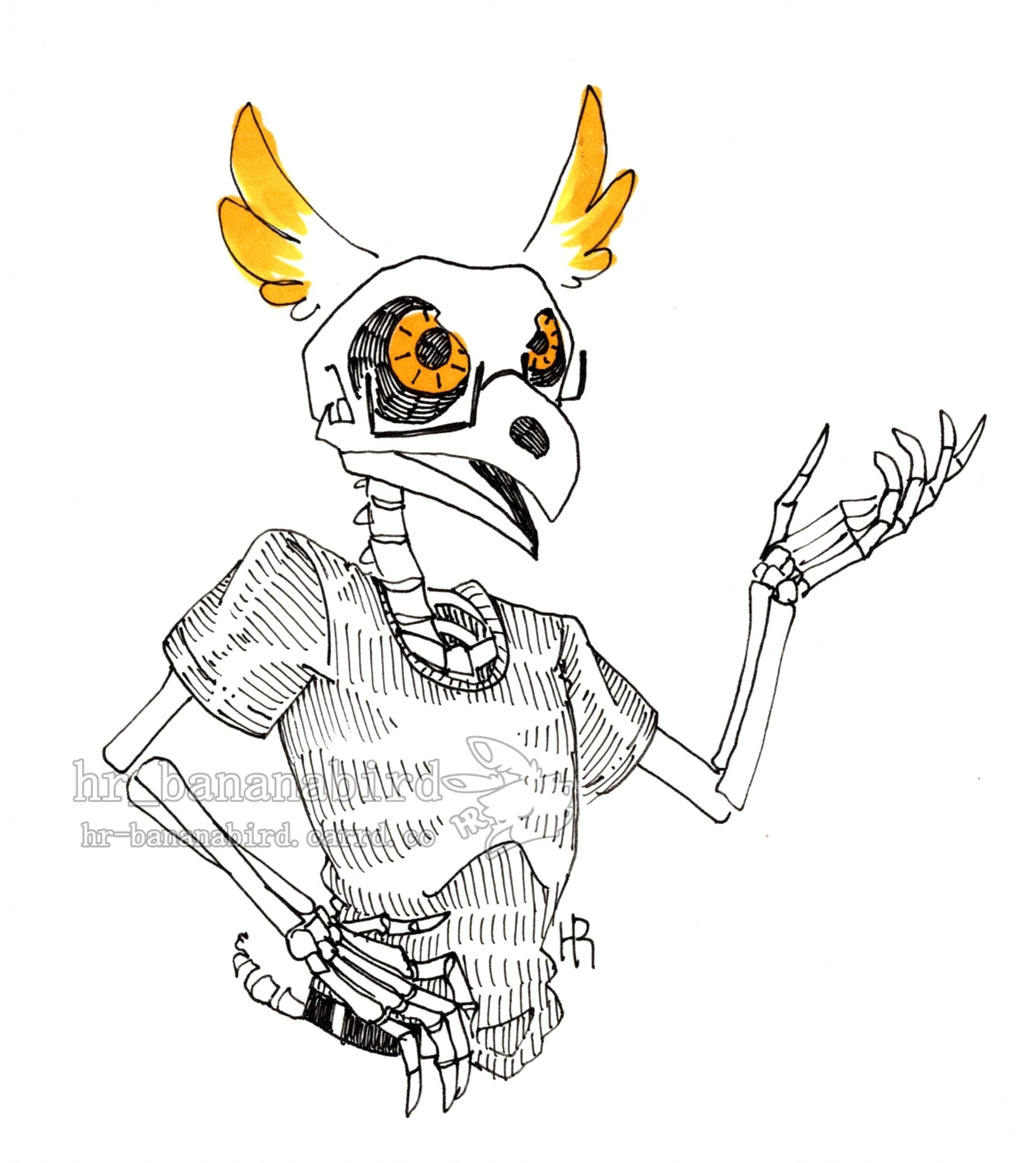 Traditional pen art of an anthro Great Horned Owl skeleton with square glasses. He has orange glowing eyes in his eye sockets, horn-like feathers on his head, and is wearing a black T-shirt.