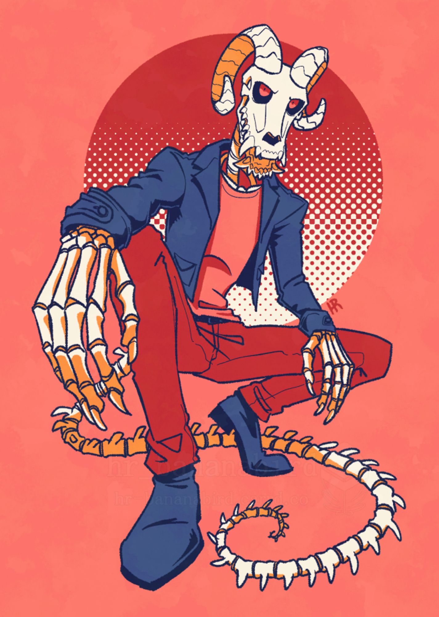 Digital art of a a skeleton with a wolf skull and ram horns with a long tail. He is crouching and looking towards the viewer. He is wearing a leather jacket with jeans and boots.