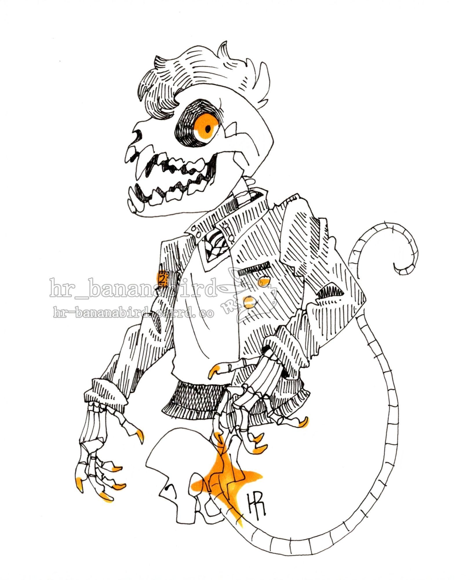 Traditional pen art of an anthro cat skeleton. They have orange glowing eyes in their eye sockets, short black hair, and are wearing a black jacket over a crop top.